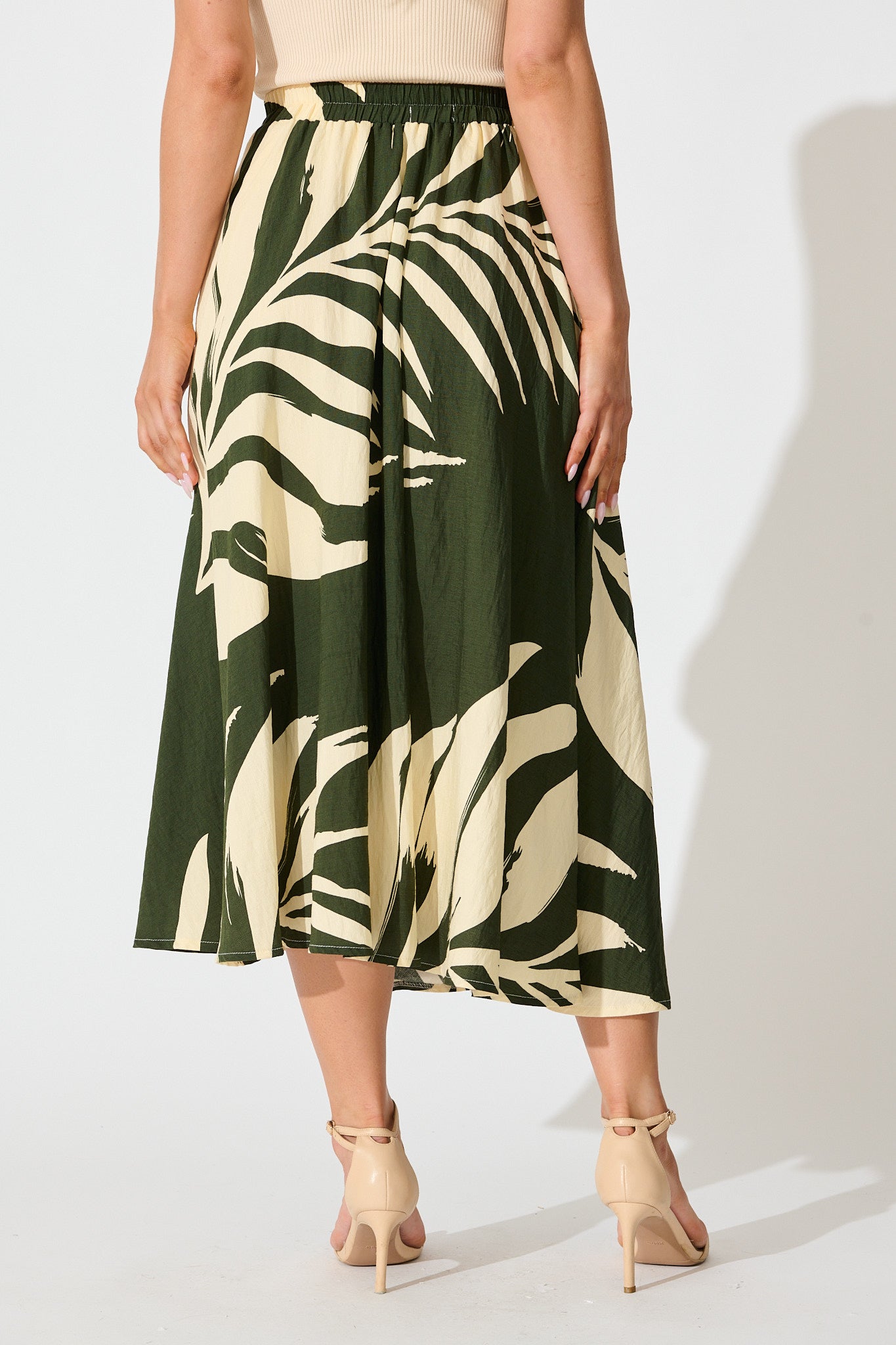 Aria Midi Skirt in Green and Cream Leaf Print