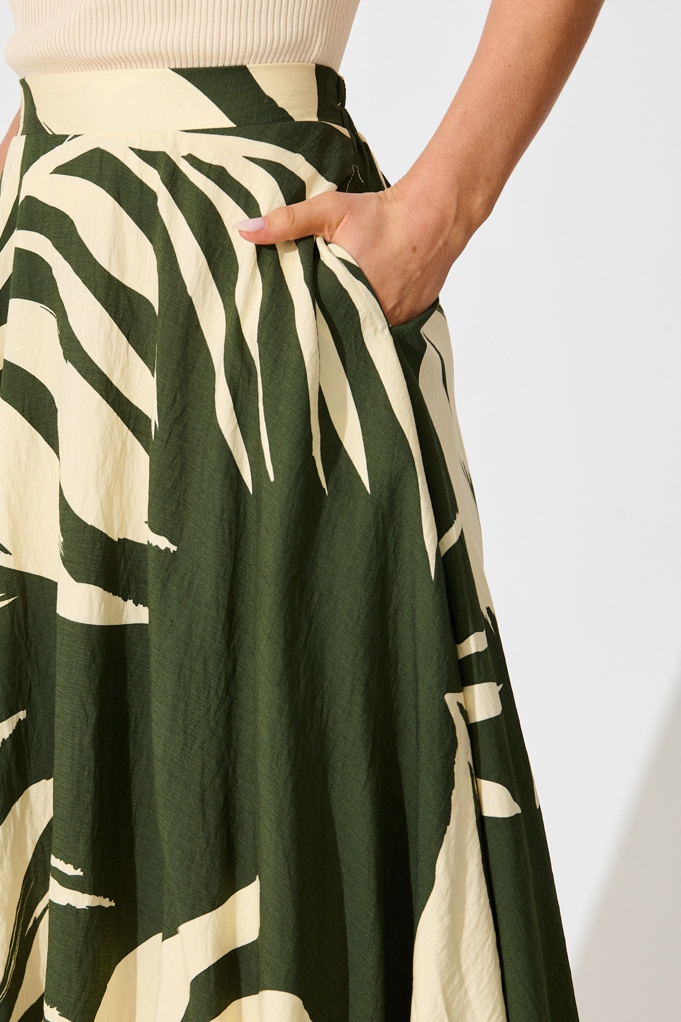 Aria Midi Skirt in Green and Cream Leaf Print