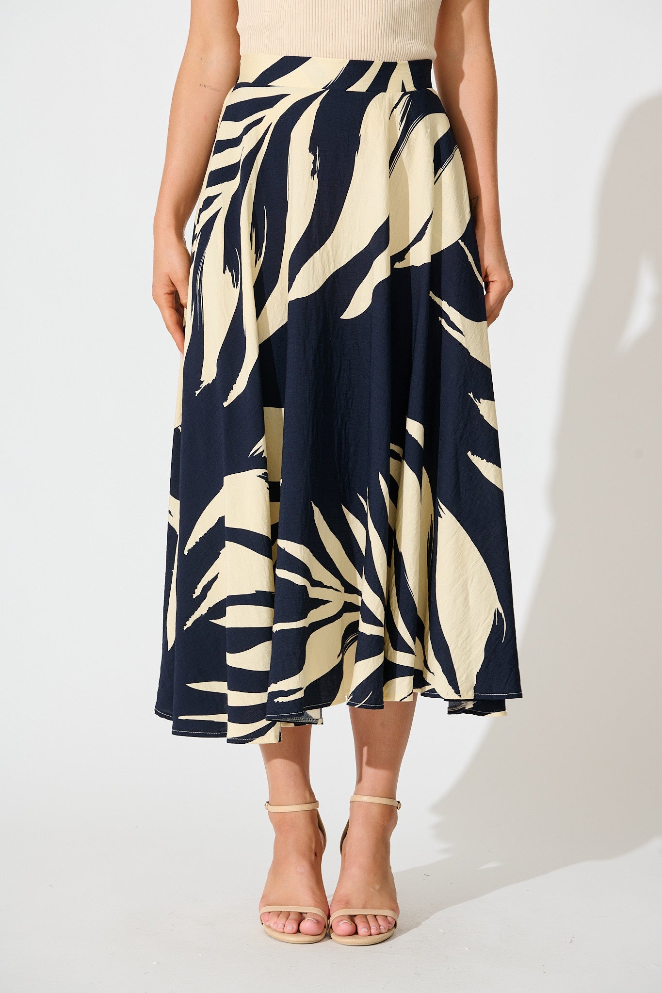 Aria Midi Skirt in Navy and Cream Leaf Print
