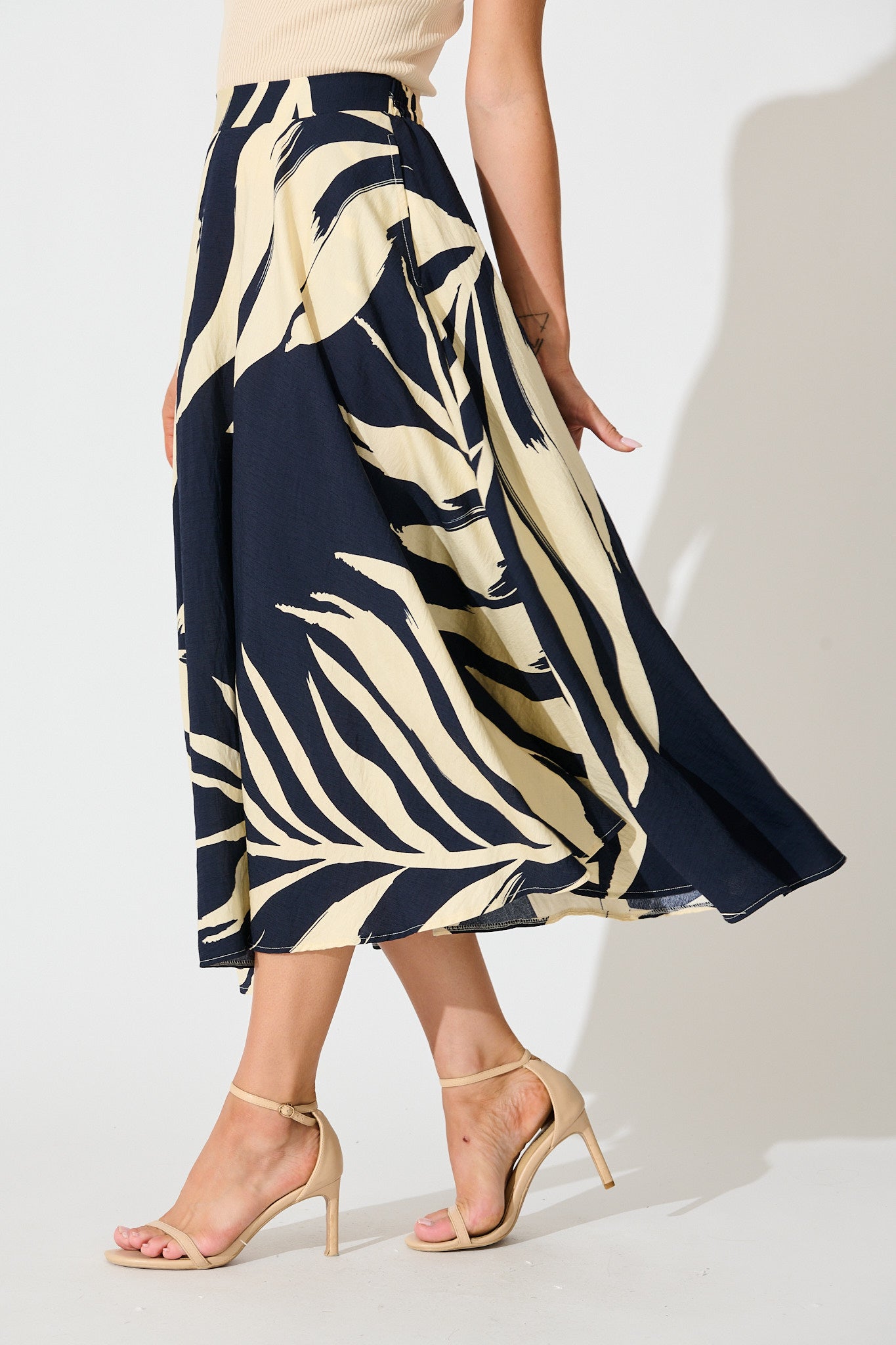 Aria Midi Skirt in Navy and Cream Leaf Print