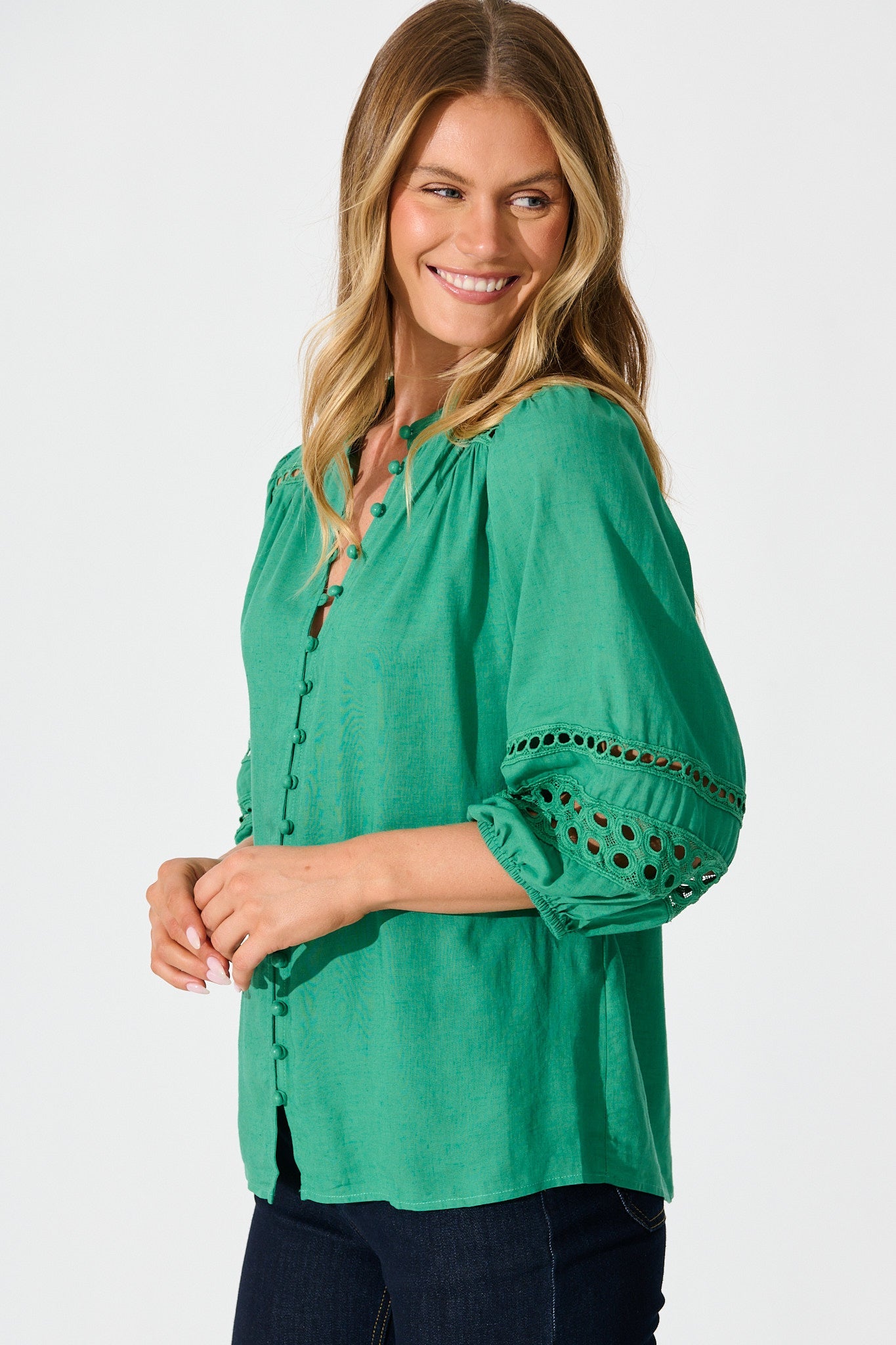 Cascades Top in Green Linen Blend