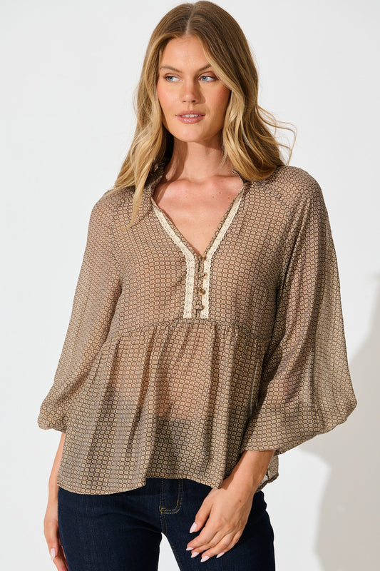 Santiago Smock Top in Brown Tile Print