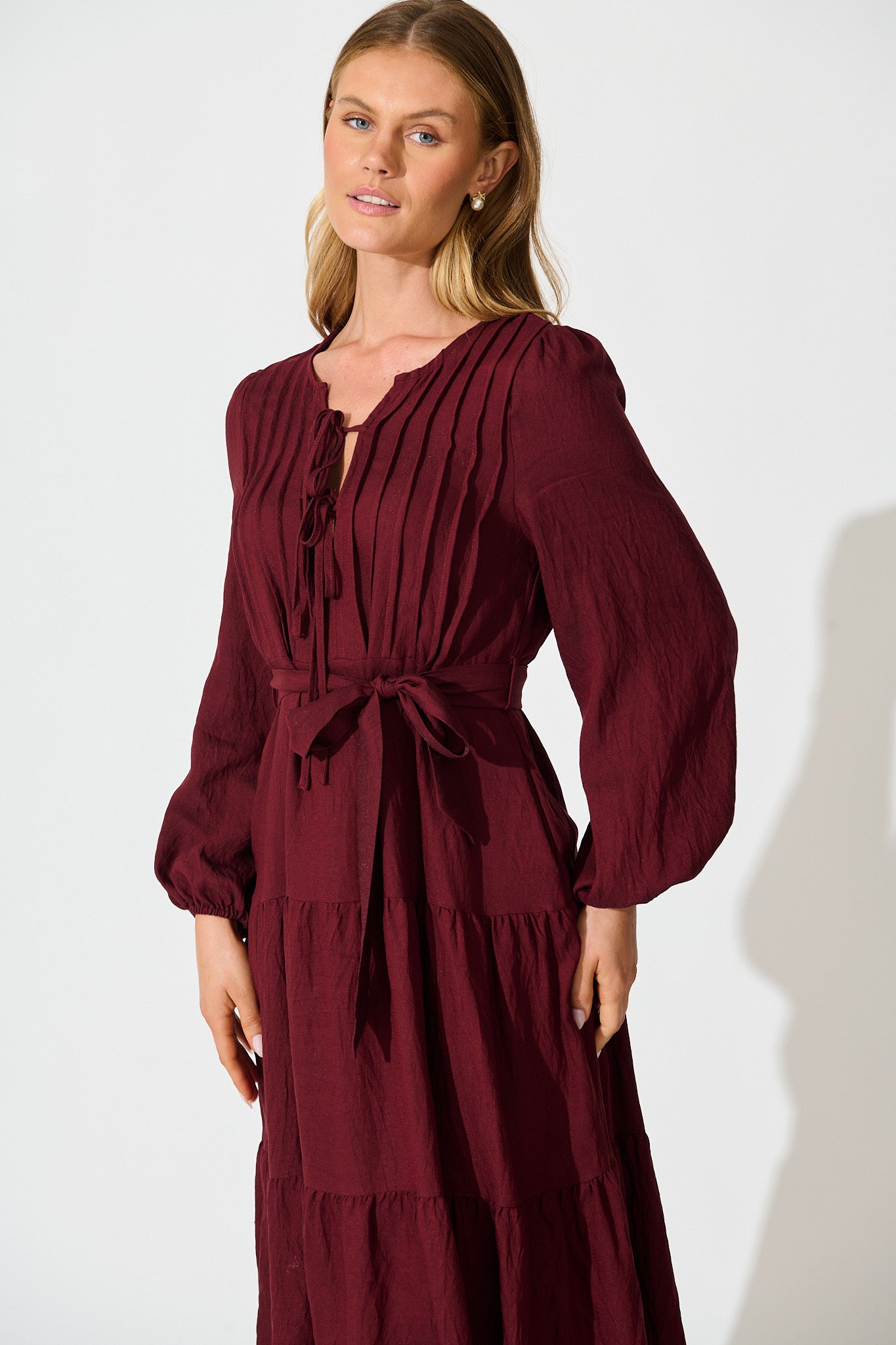 Marietta Tie Front Midi Dress in Wine