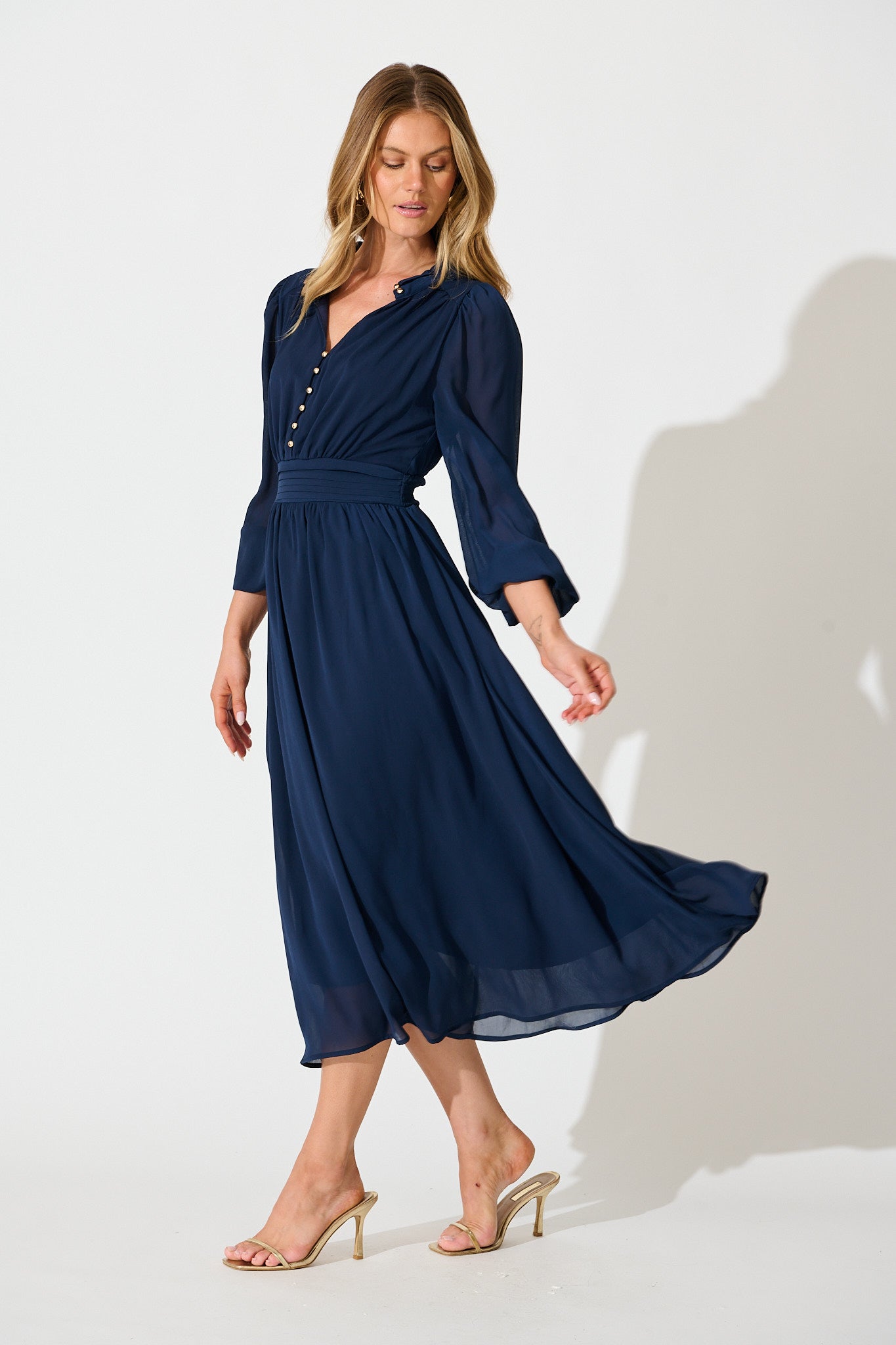 Lustre Midi Dress In Navy Chiffon