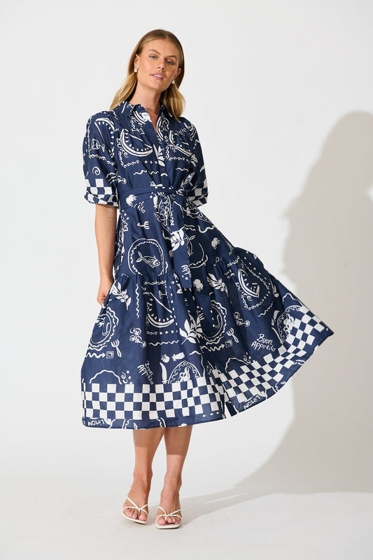 Demi Midi Shirt Dress in Navy with White Cotton