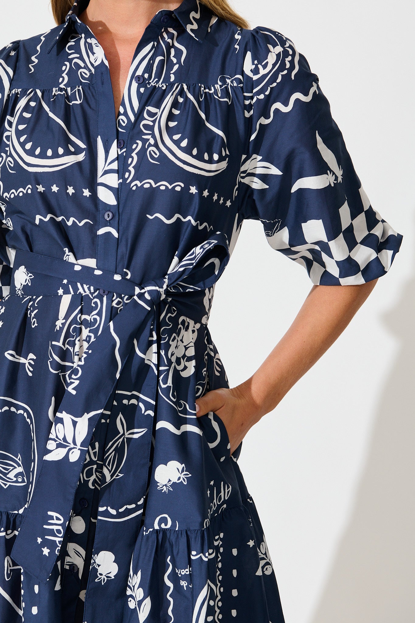 Demi Midi Shirt Dress in Navy with White Cotton