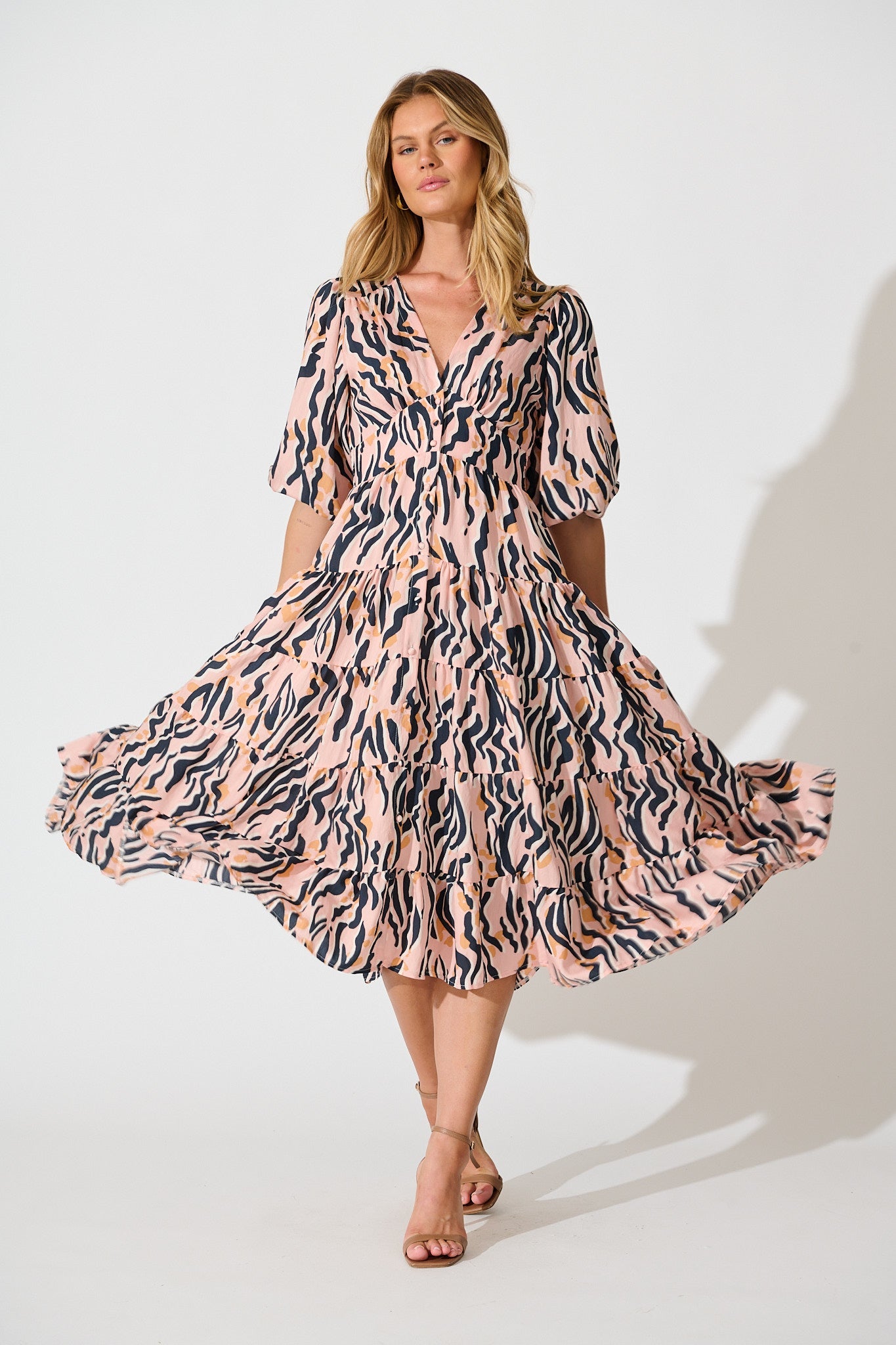 Copenhagen Midi Dress in Blush with Black Print