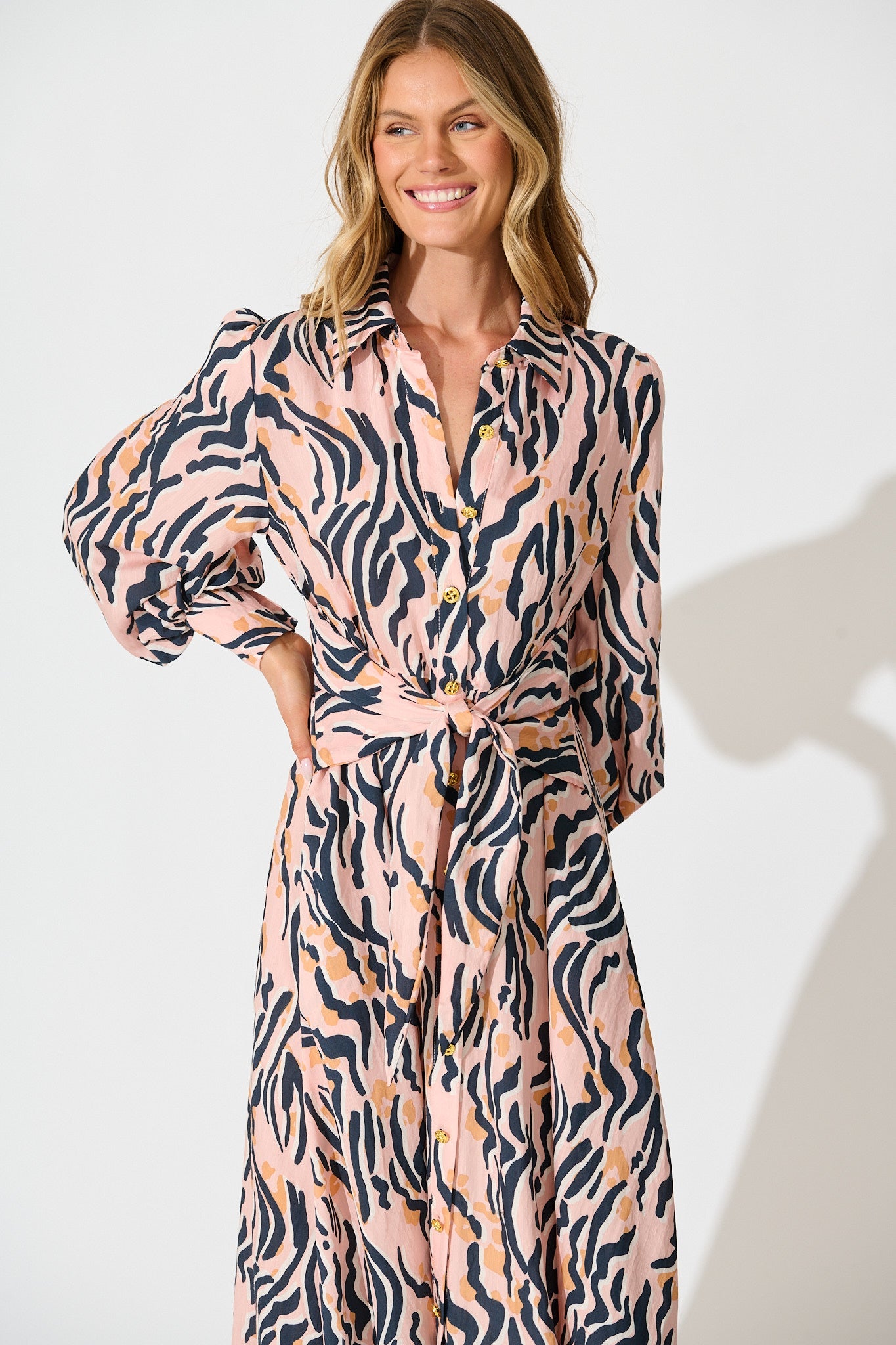 Ciao Bella Maxi Shirt Dress in Blush with Black Print