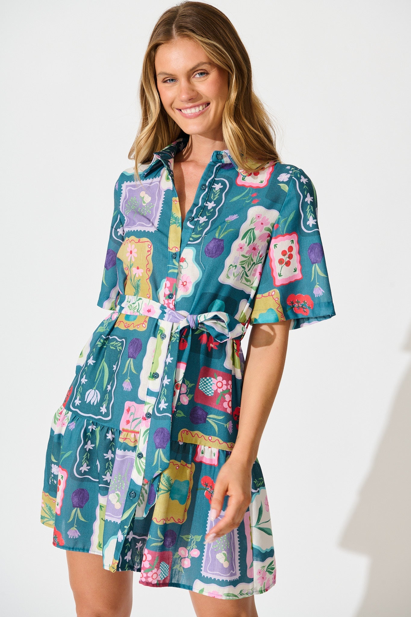 Monte Carlo Shirt Dress in Teal Multi Stamp Print Linen Blend