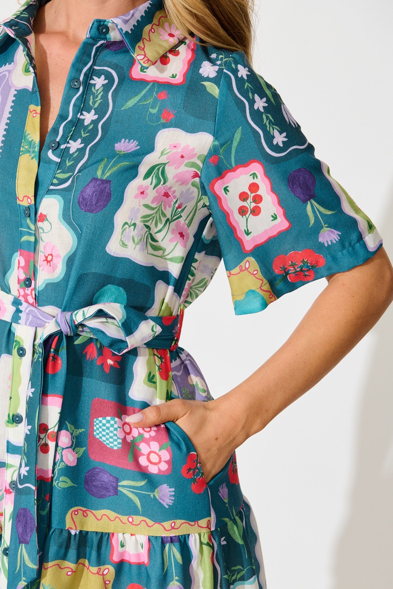 Monte Carlo Shirt Dress in Teal Multi Stamp Print Linen Blend