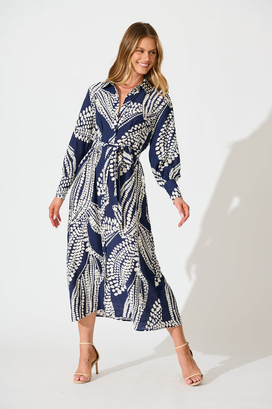 Clara Maxi Shirt Dress in Navy with White Print