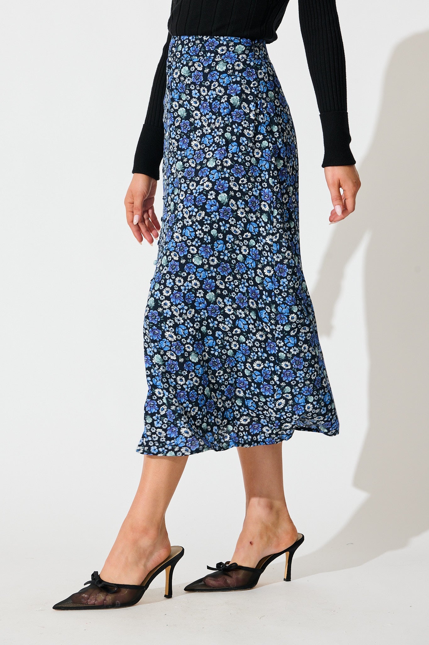 Flourish Midi Skirt in Navy with Blue Floral