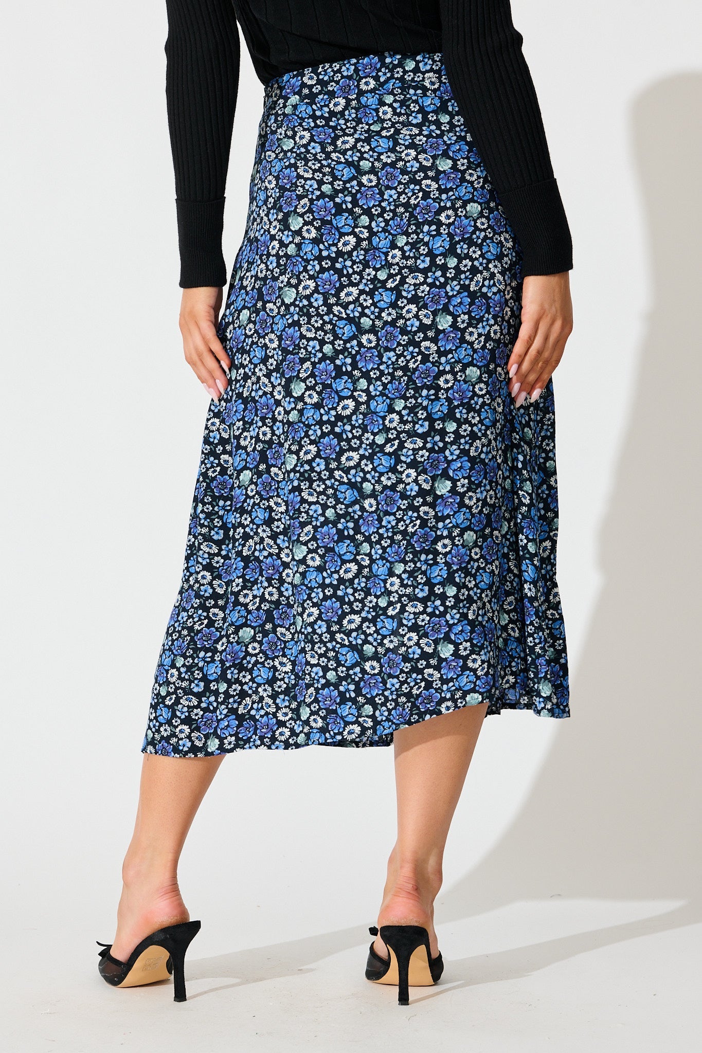 Flourish Midi Skirt in Navy with Blue Floral