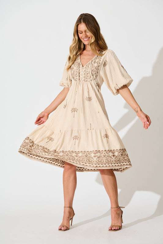 Luminous Midi Dress in Beige with Brown Palm Tree Embroidery