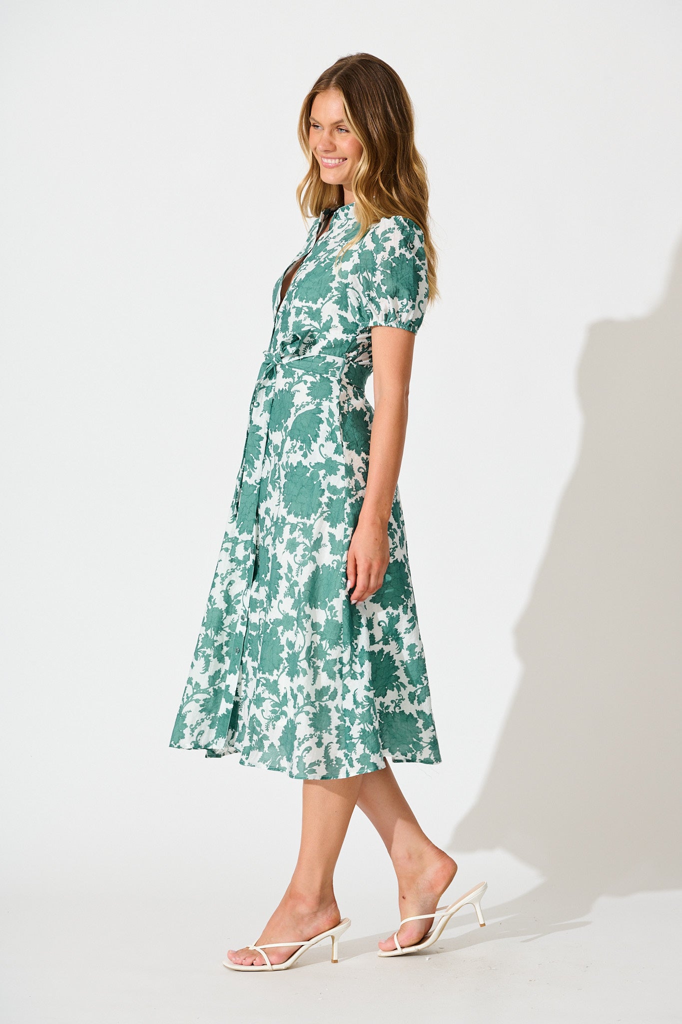 Farida Midi Dress in White with Green Floral Cotton Blend