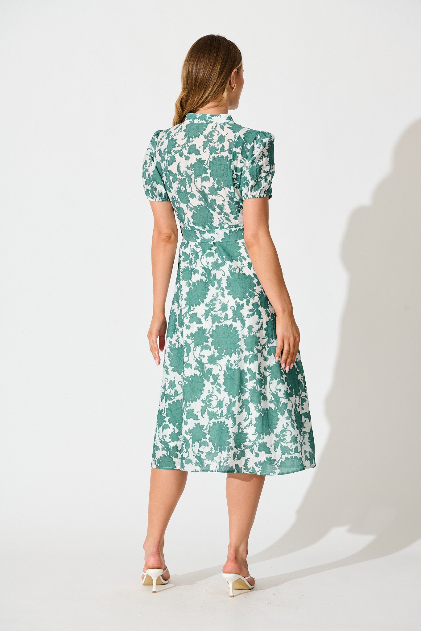 Farida Midi Dress in White with Green Floral Cotton Blend