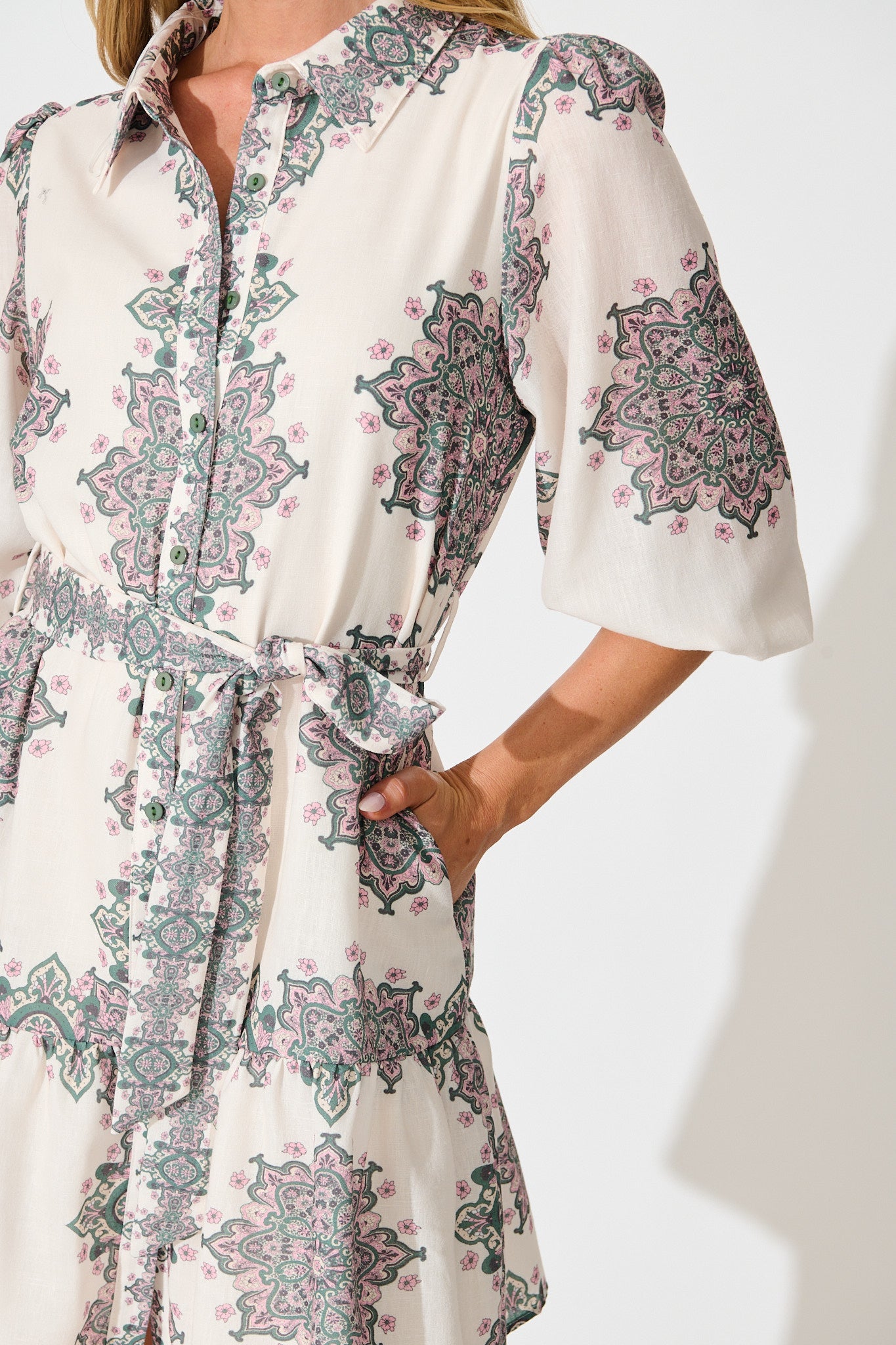 Harbour Shirt Dress in Cream with Green Multi Linen Blend