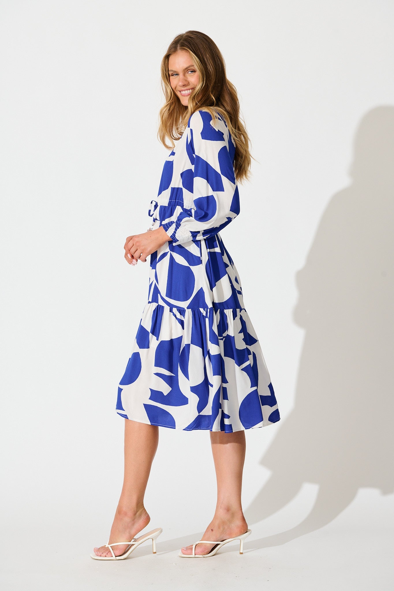 Sianna Midi Dress in Blue White Print