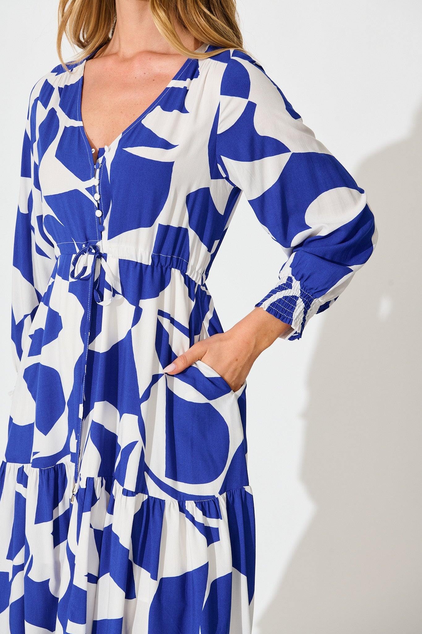 Sianna Midi Dress in Blue White Print