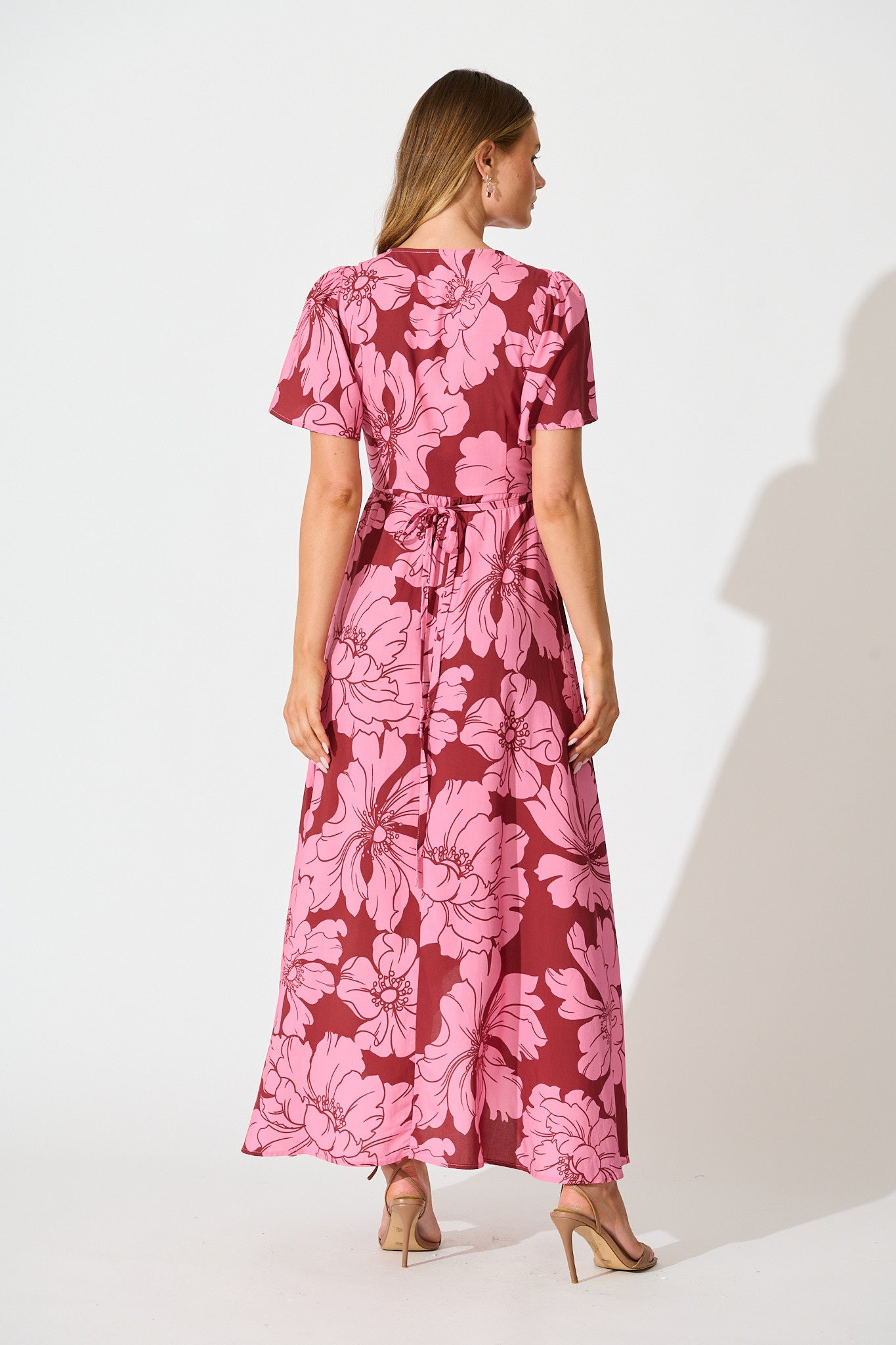 Labyrinth Maxi Wrap Dress in Wine with Pink Floral
