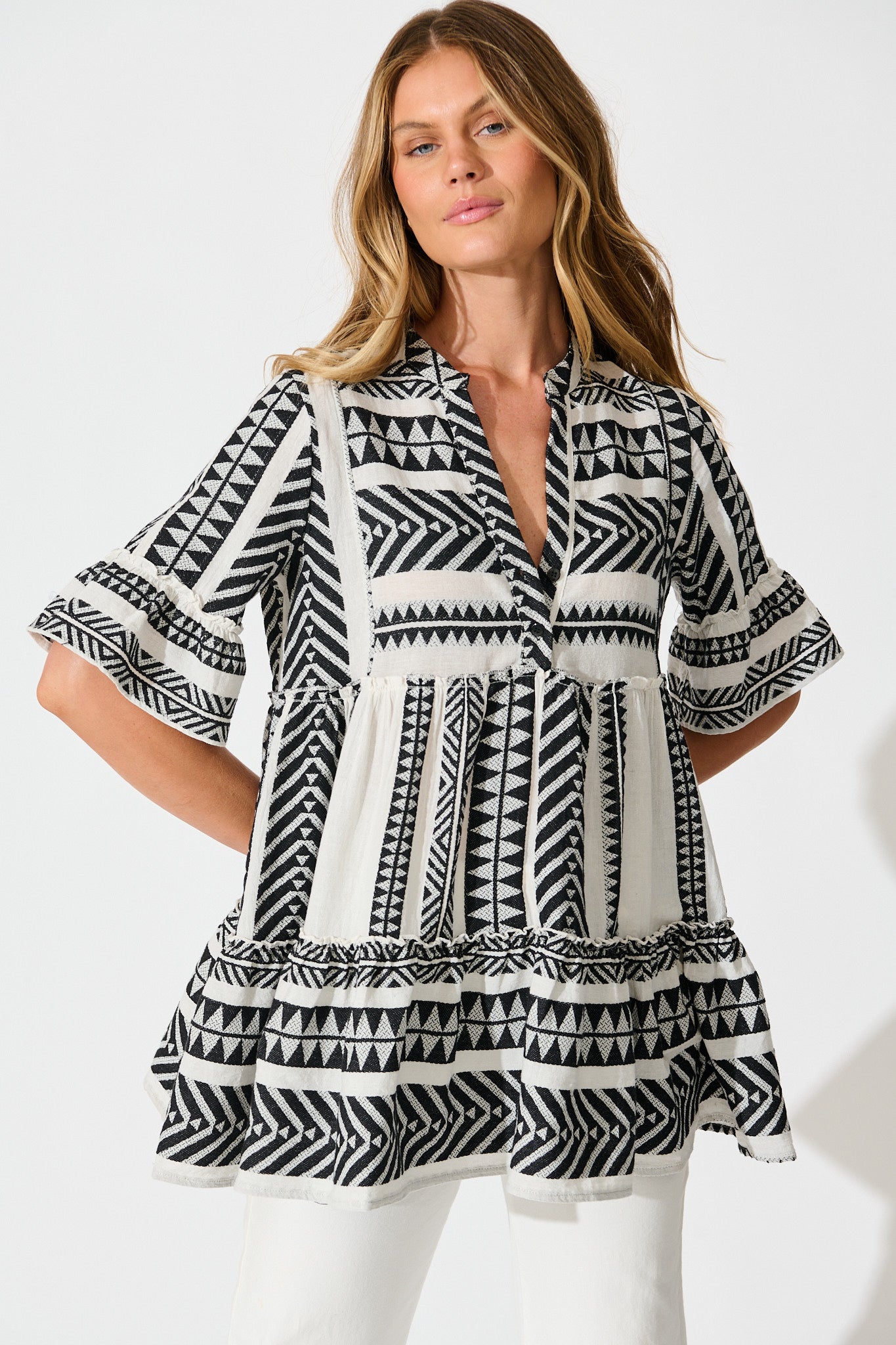 Forget Me Not Smock Top in White and Black Cotton