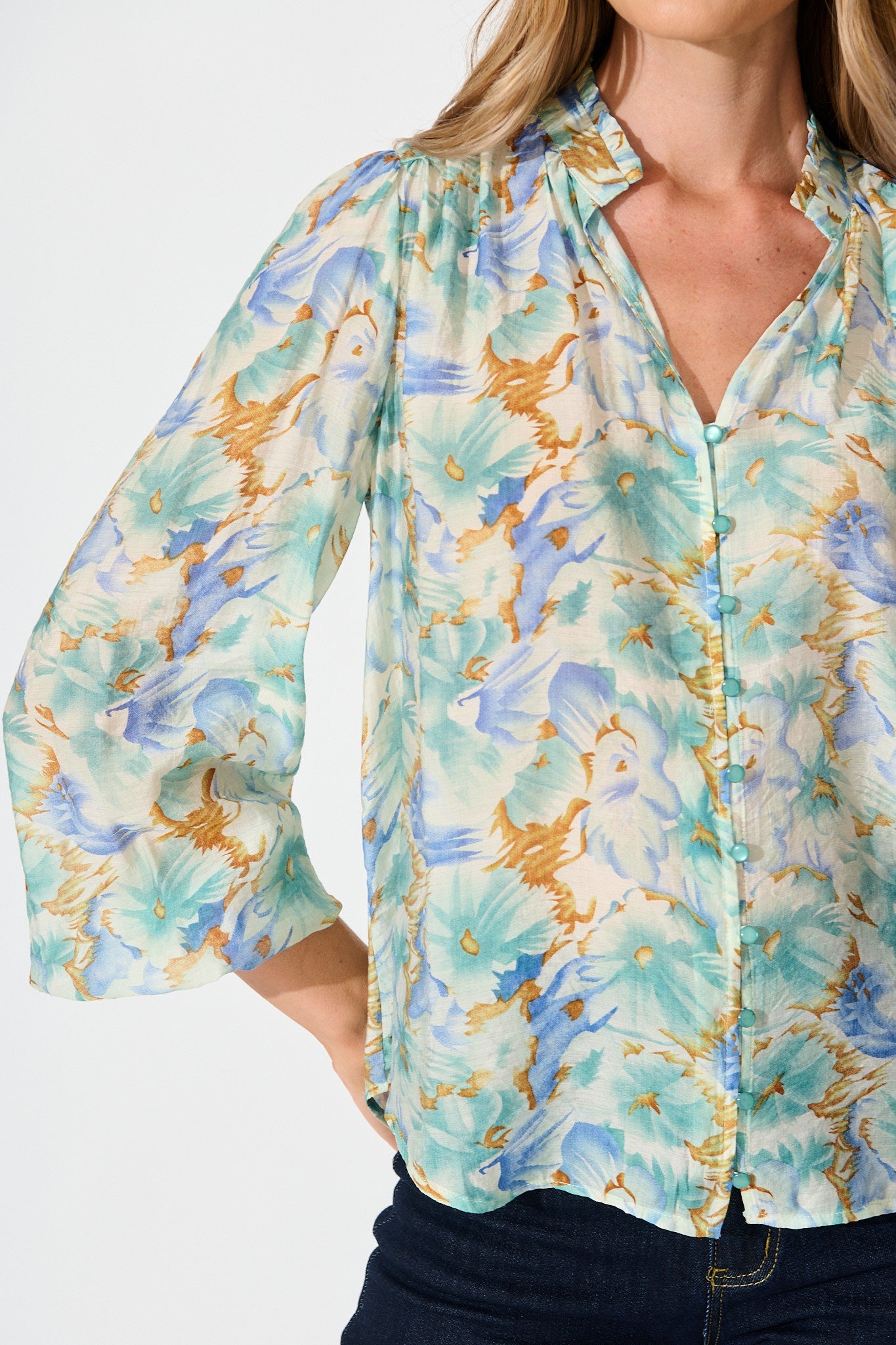 Cynthia Top in Green and Blue Floral