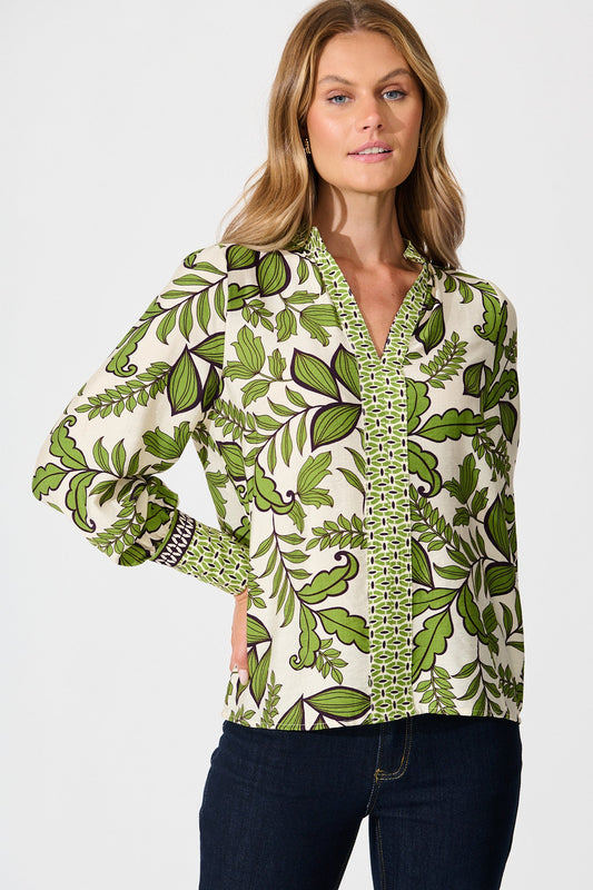 Graceful Top in Cream with Green Leaf