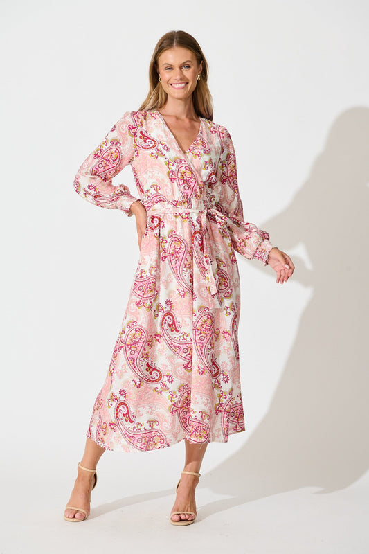 Eliza Maxi Dress in White with Pink Leaf Print