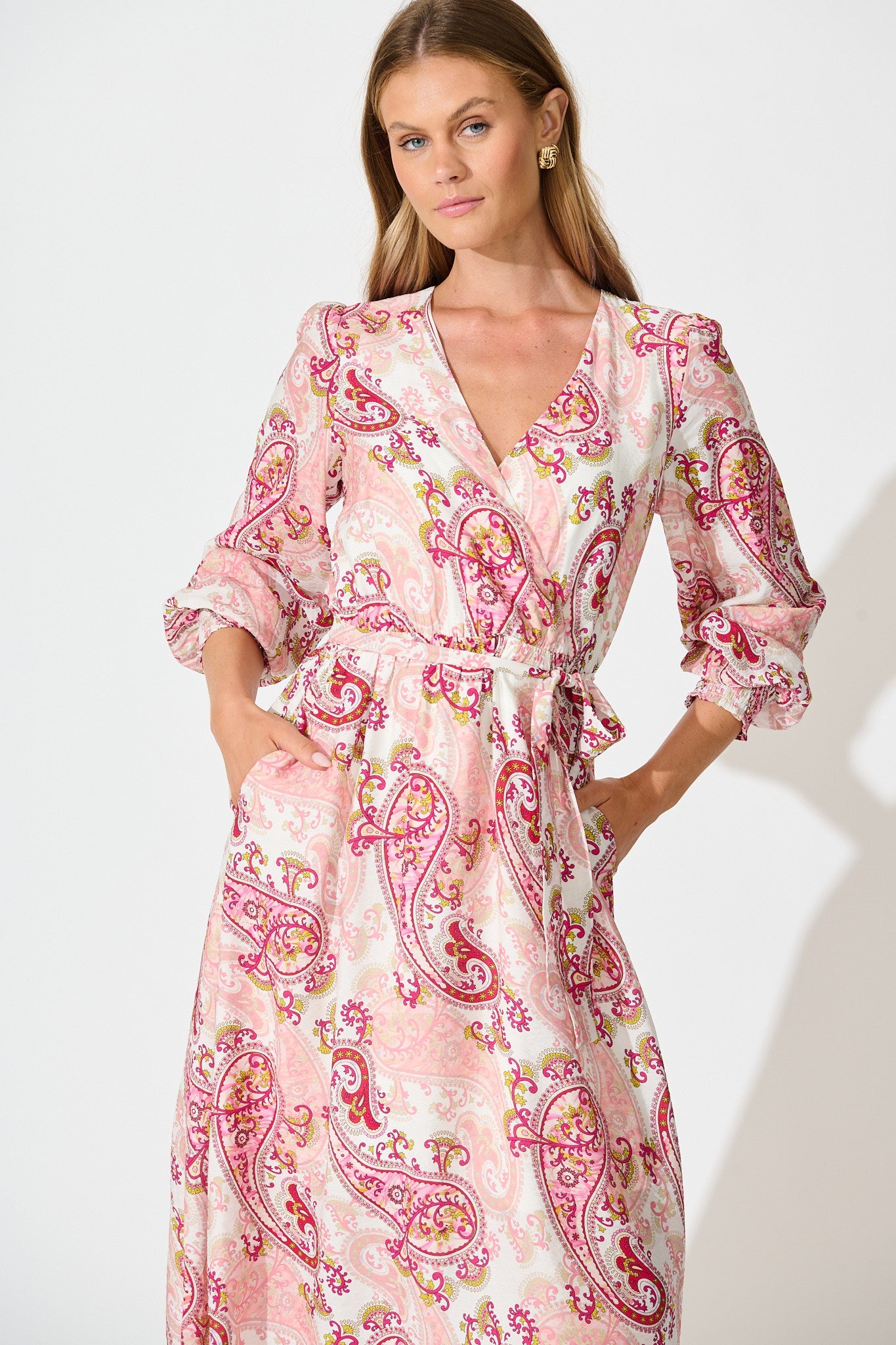 Eliza Maxi Dress in White with Pink Leaf Print