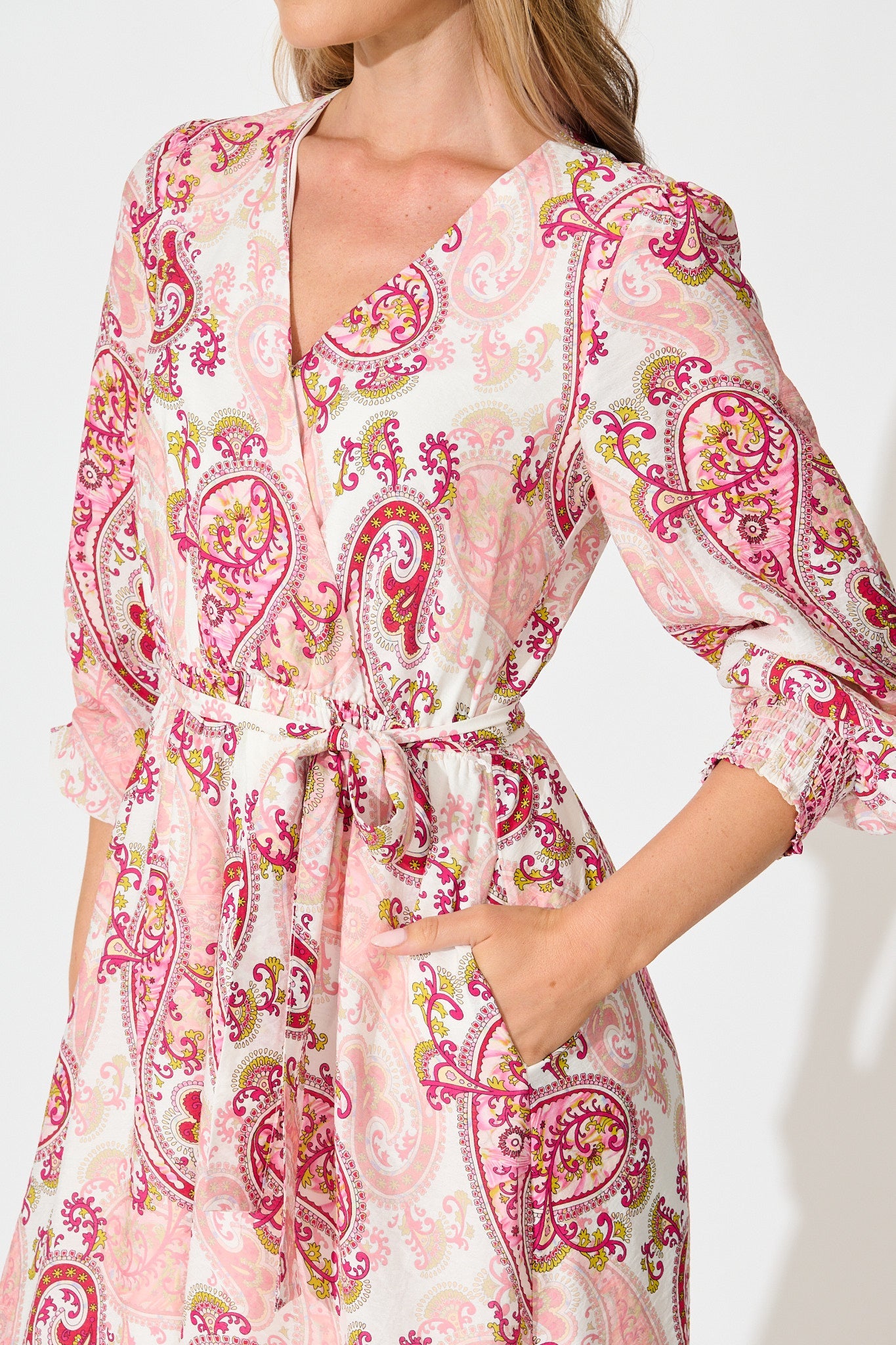 Eliza Maxi Dress in White with Pink Leaf Print