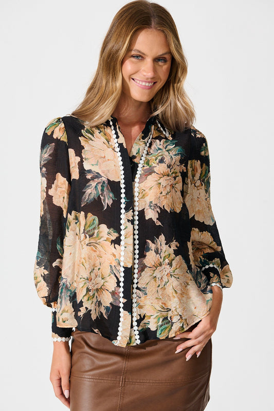 Lynelle Shirt in Black Floral with White Contrast Trim