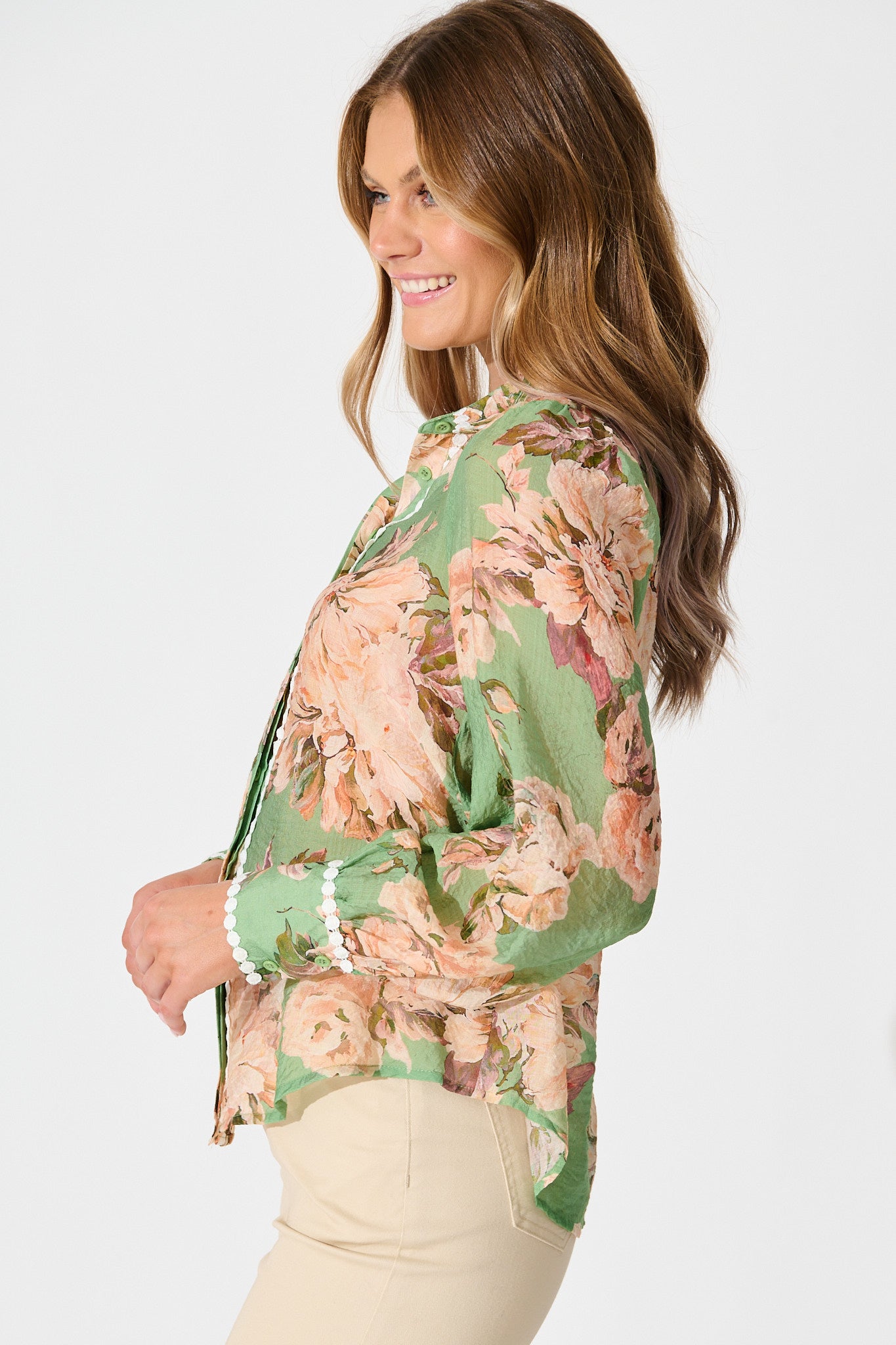 Lynelle Shirt in Green Floral with White Contrast Trim