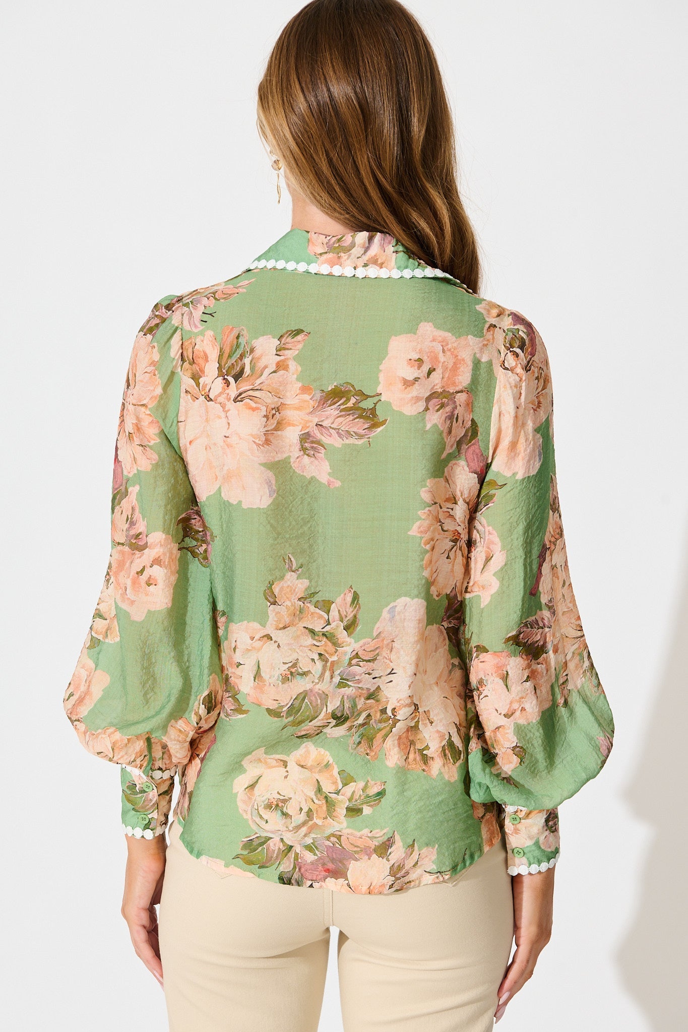 Lynelle Shirt in Green Floral with White Contrast Trim