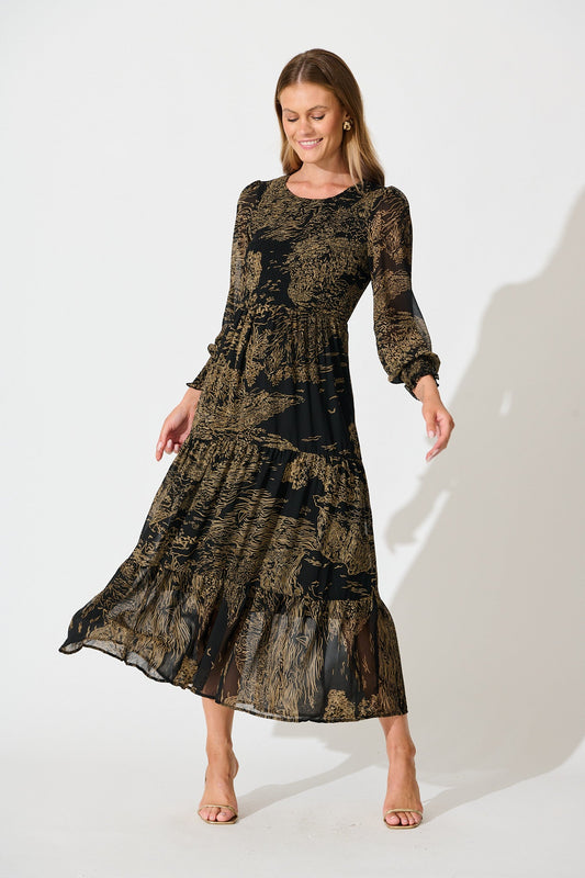 Taking The Lead Maxi Dress in Black with Brown Print Chiffon