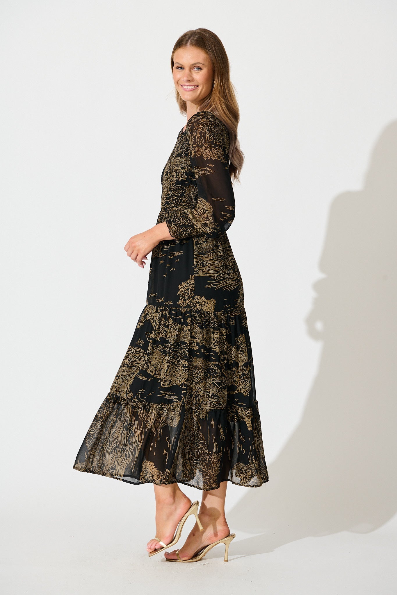 Taking The Lead Maxi Dress in Black with Brown Print Chiffon