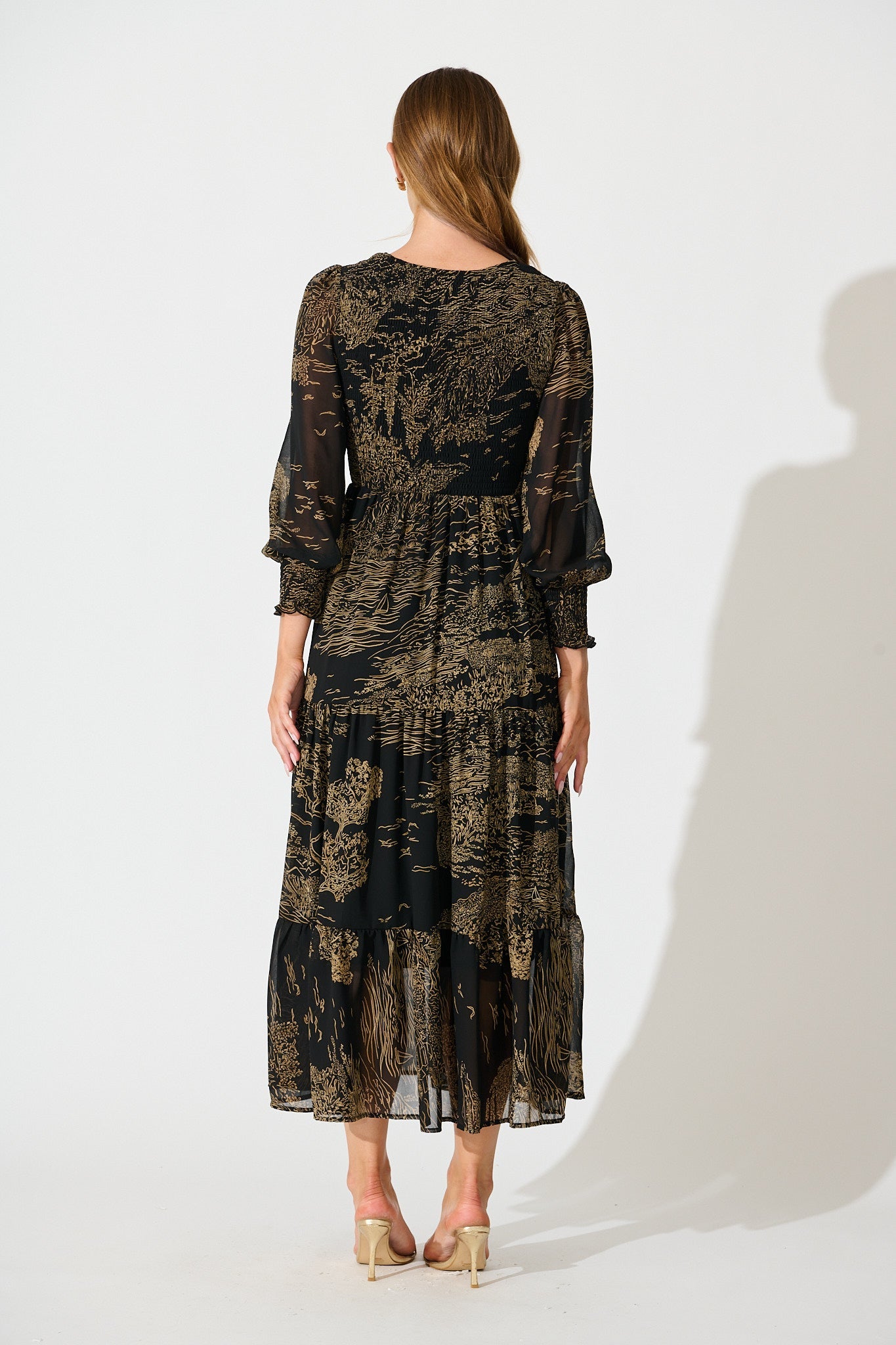Taking The Lead Maxi Dress in Black with Brown Print Chiffon
