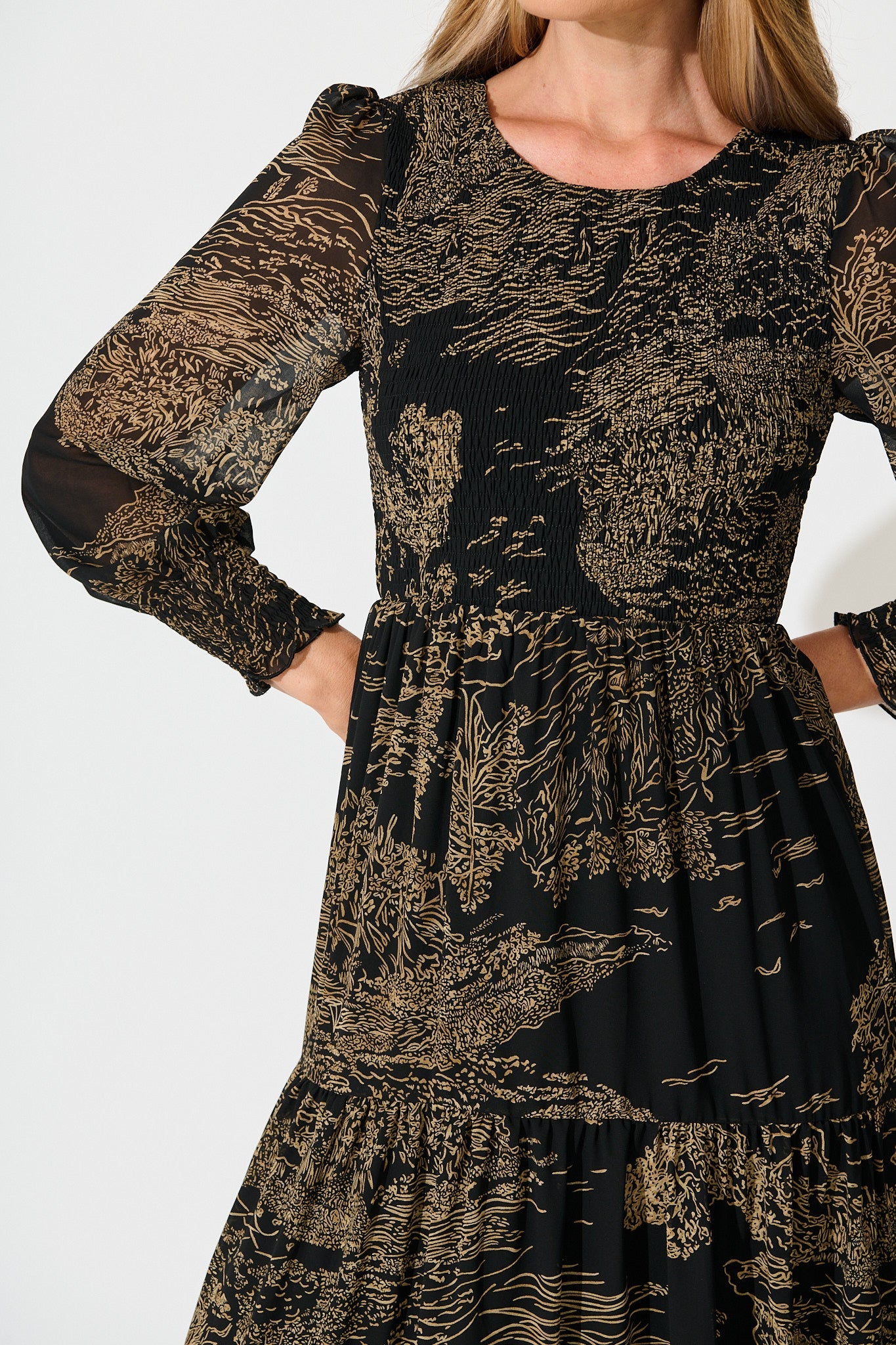 Taking The Lead Maxi Dress in Black with Brown Print Chiffon