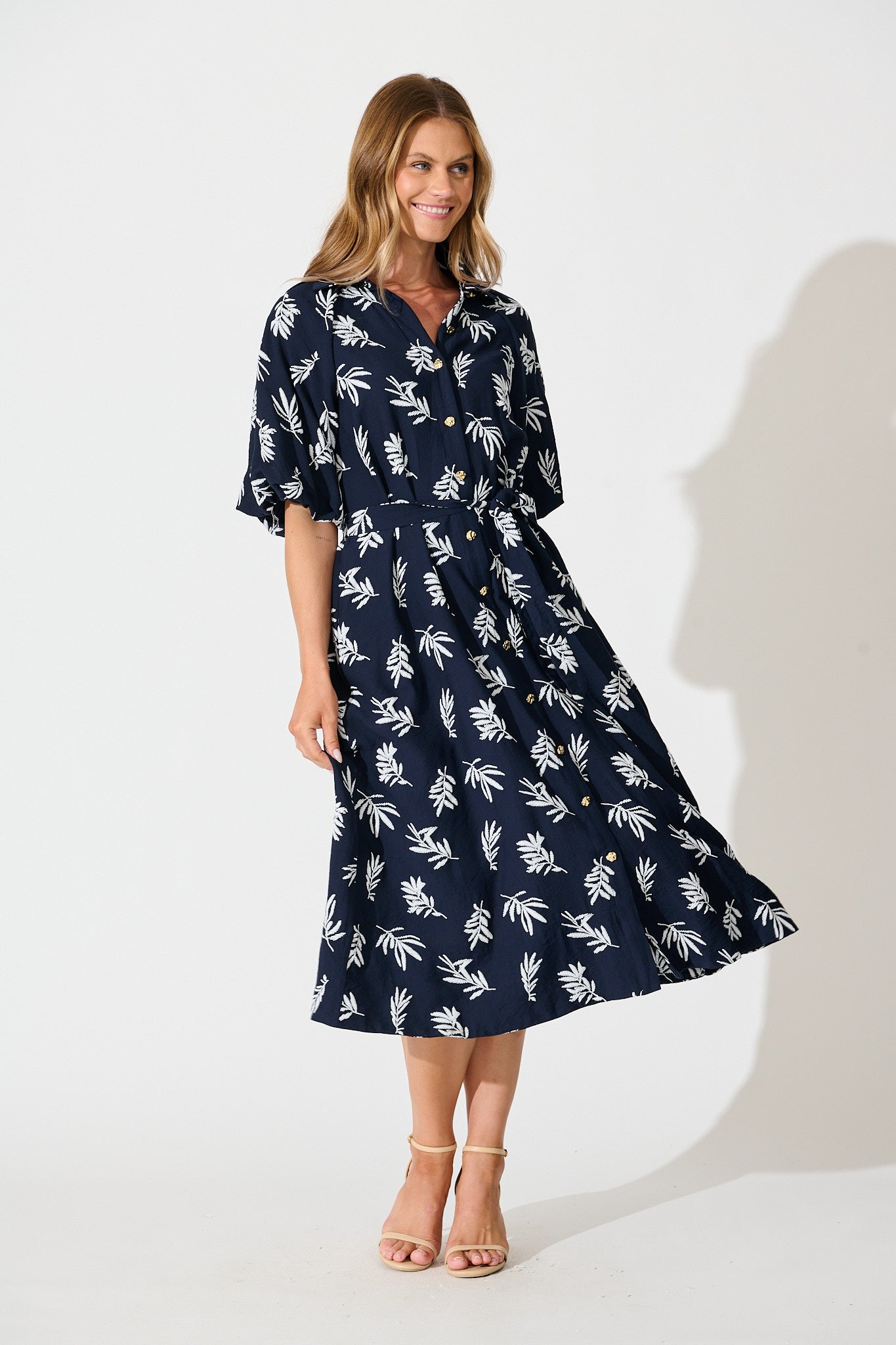 Jasmine Midi Shirt Dress in Navy with White Leaf