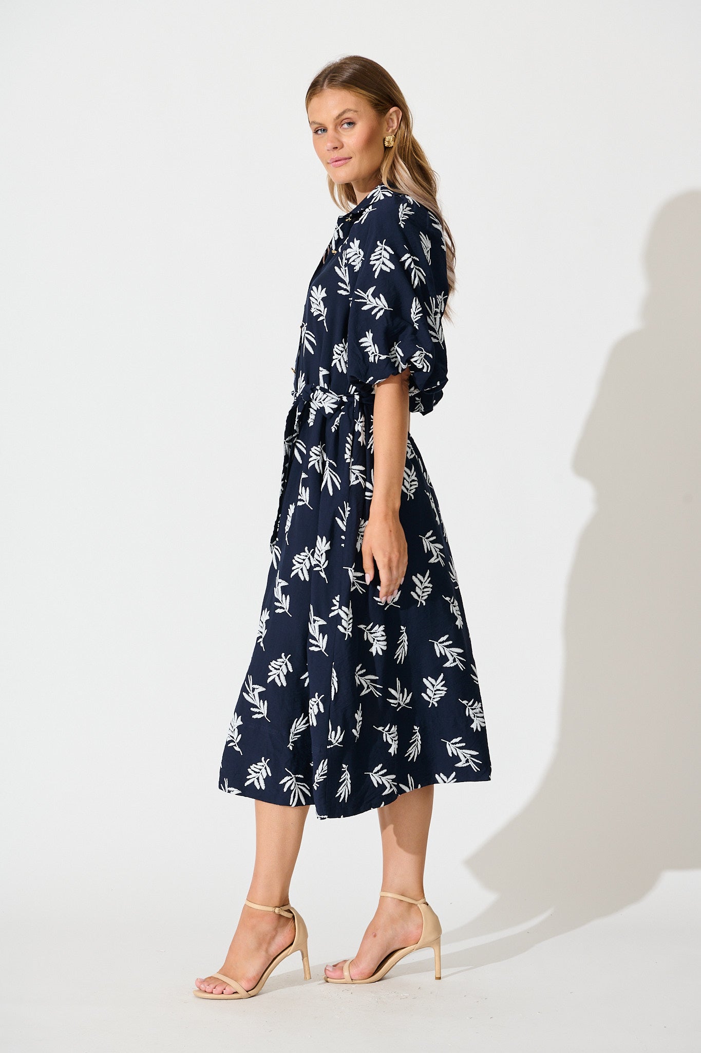 Jasmine Midi Shirt Dress in Navy with White Leaf