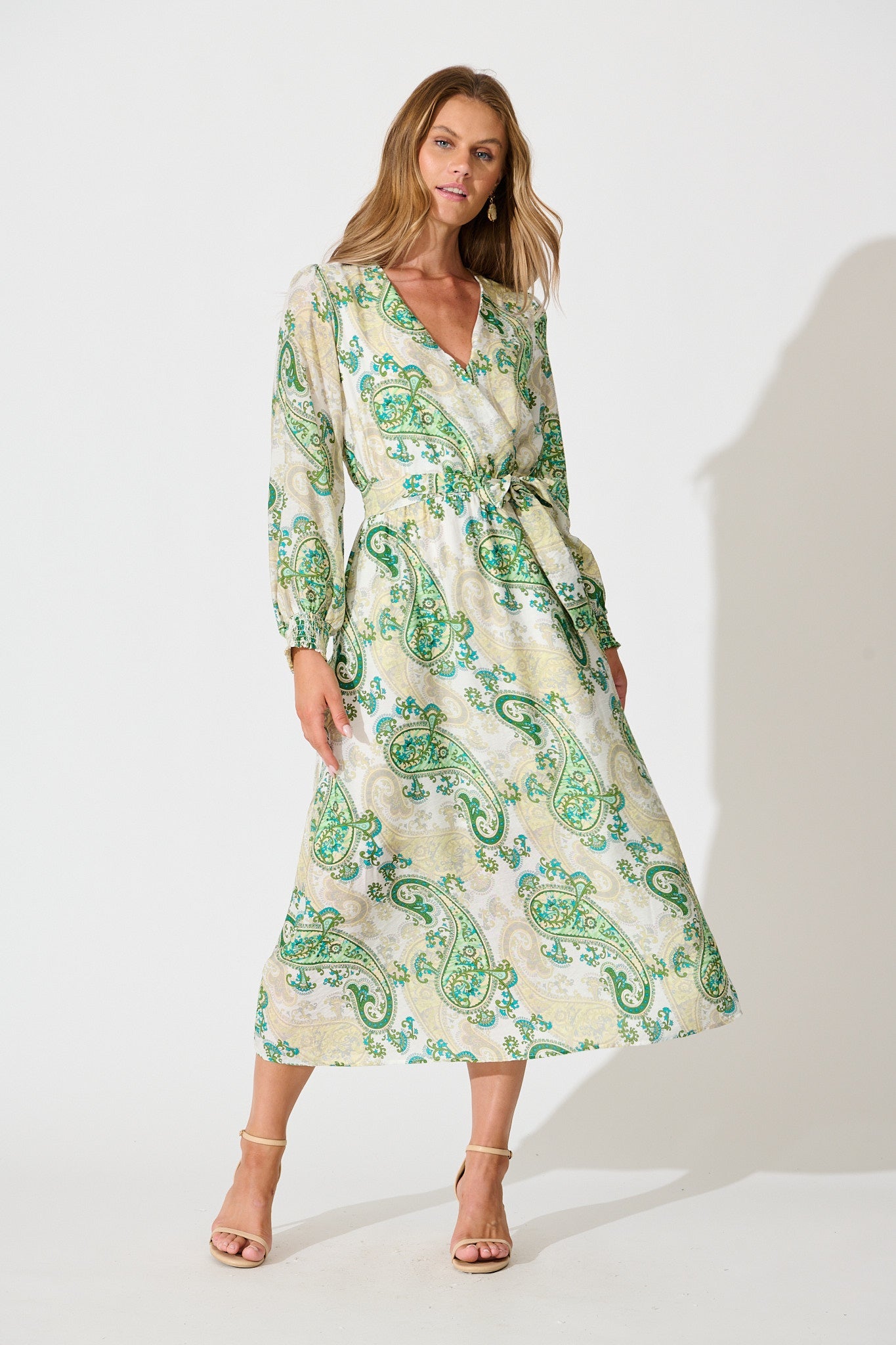 Eliza Maxi Dress in White and Green Leaf Print