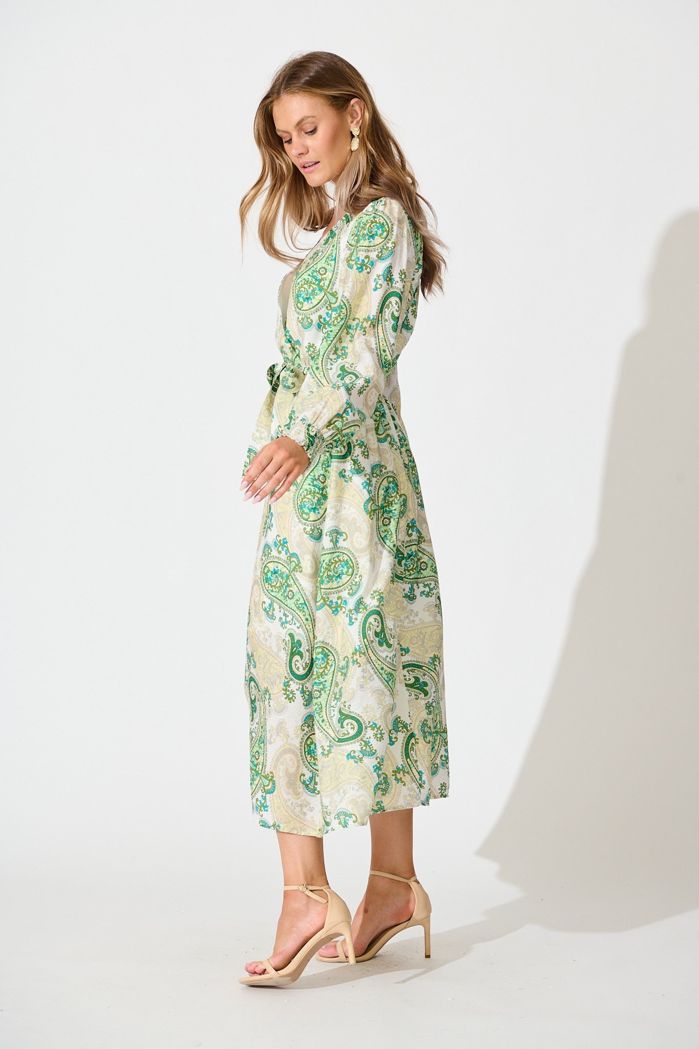 Eliza Maxi Dress in White and Green Leaf Print