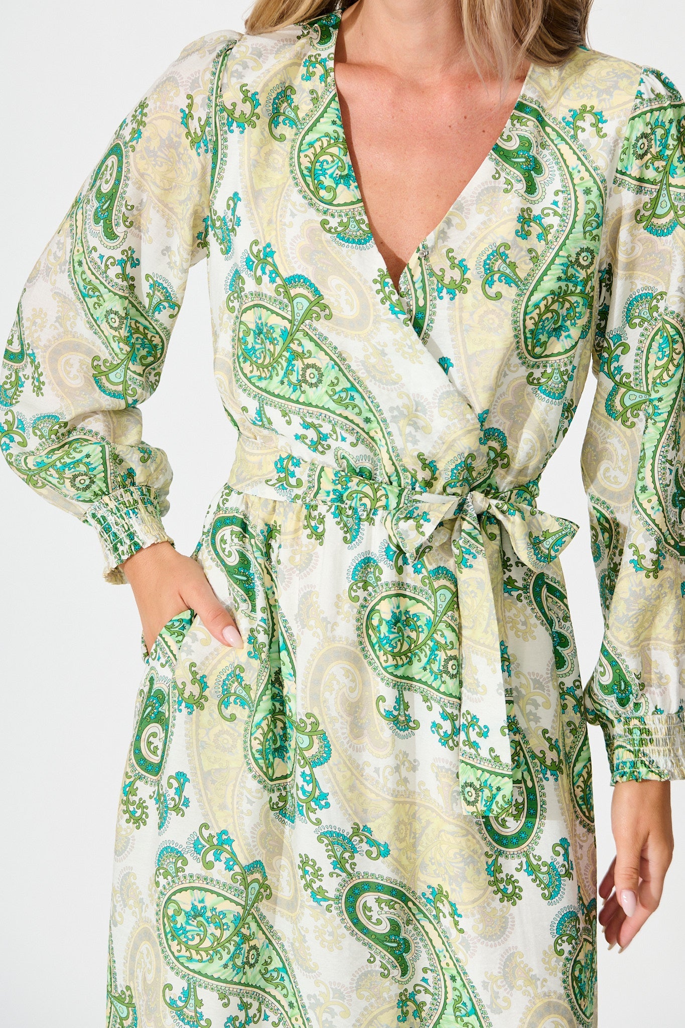Eliza Maxi Dress in White and Green Leaf Print