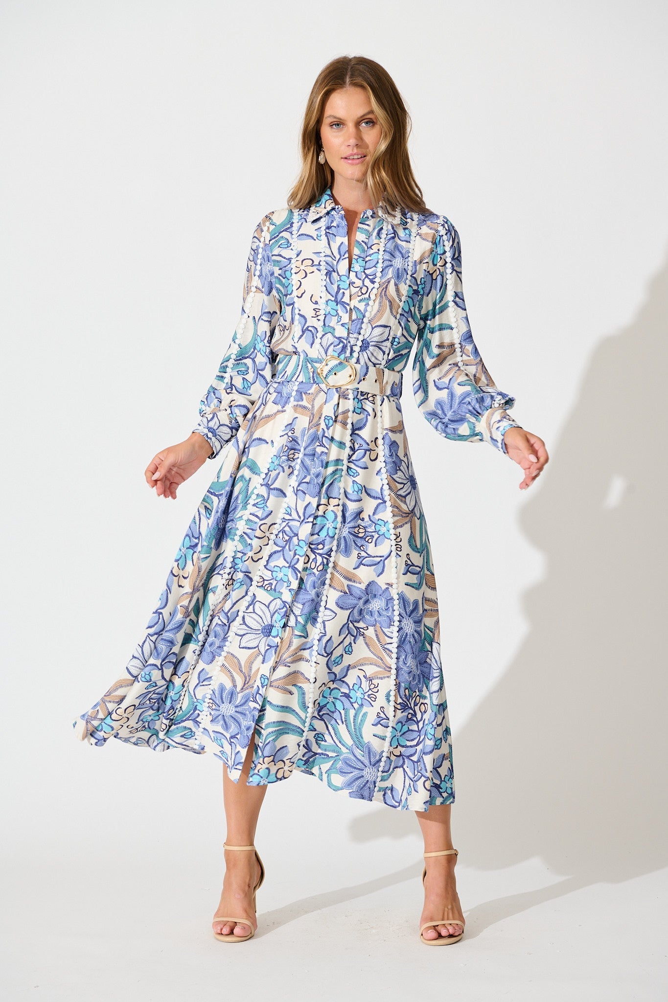 Lovingly Maxi Shirt Dress in Blue Floral with Contrast Trim