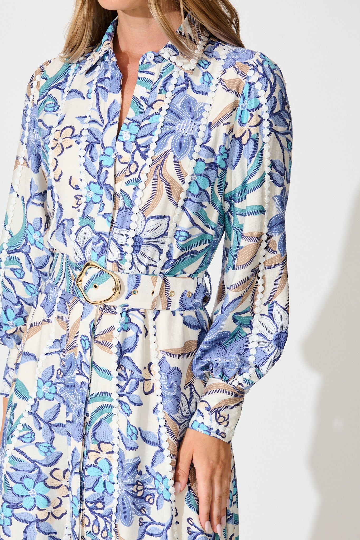 Lovingly Maxi Shirt Dress in Blue Floral with Contrast Trim