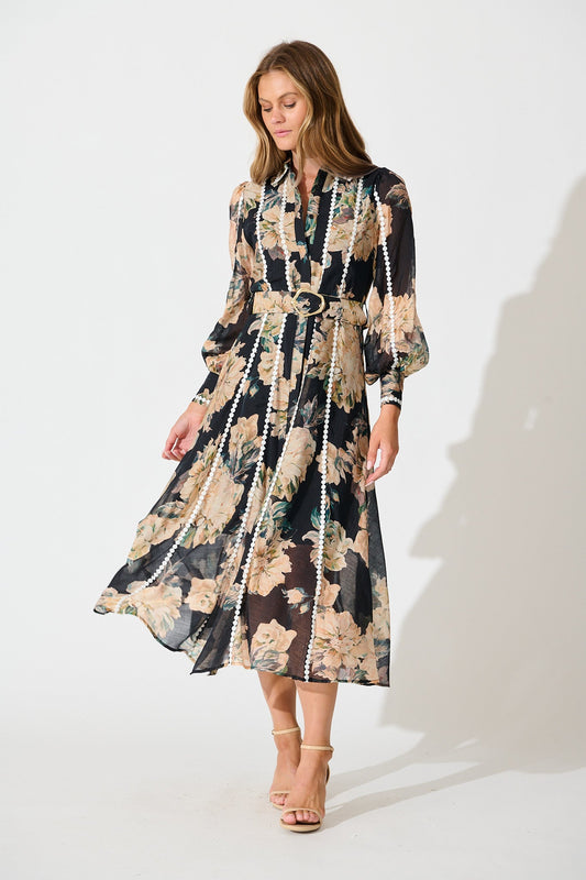 Lovingly Maxi Shirt Dress in Black Floral with Contrast Trim