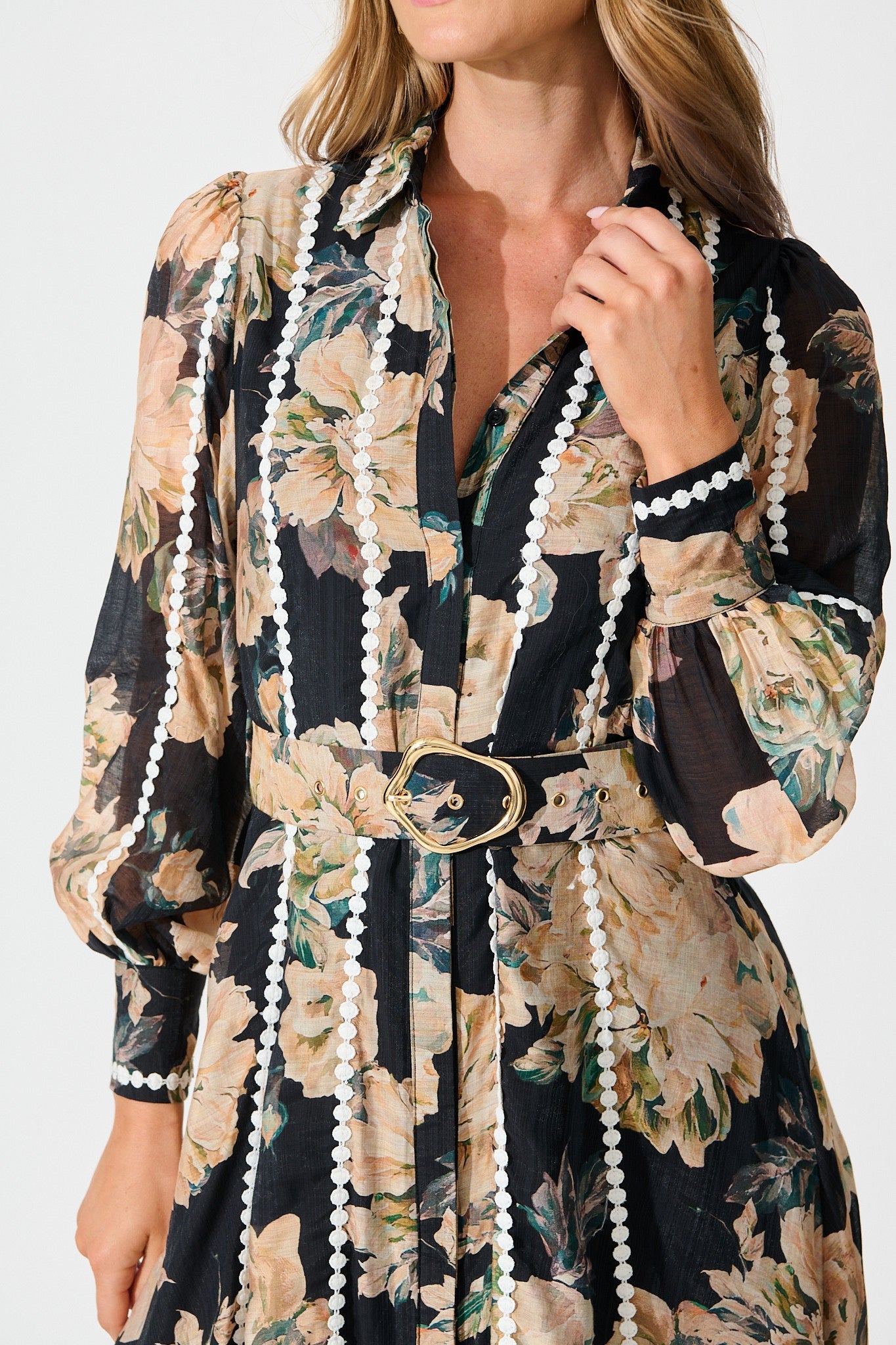 Lovingly Maxi Shirt Dress in Black Floral with Contrast Trim