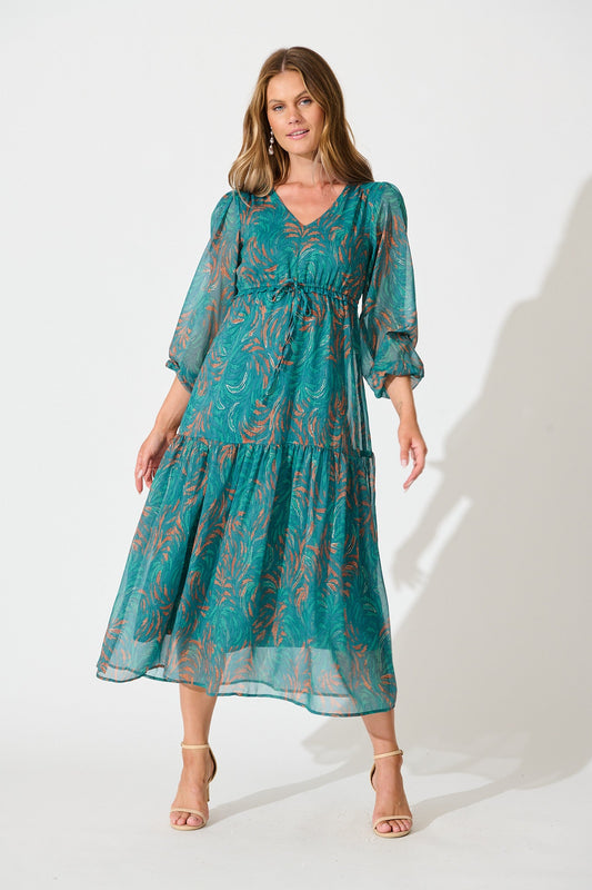 Fatal Attraction Midi Dress in Blue with Multi Print Chiffon