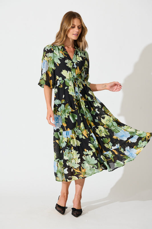 Sheer Bliss Midi Dress in Multi Black Floral