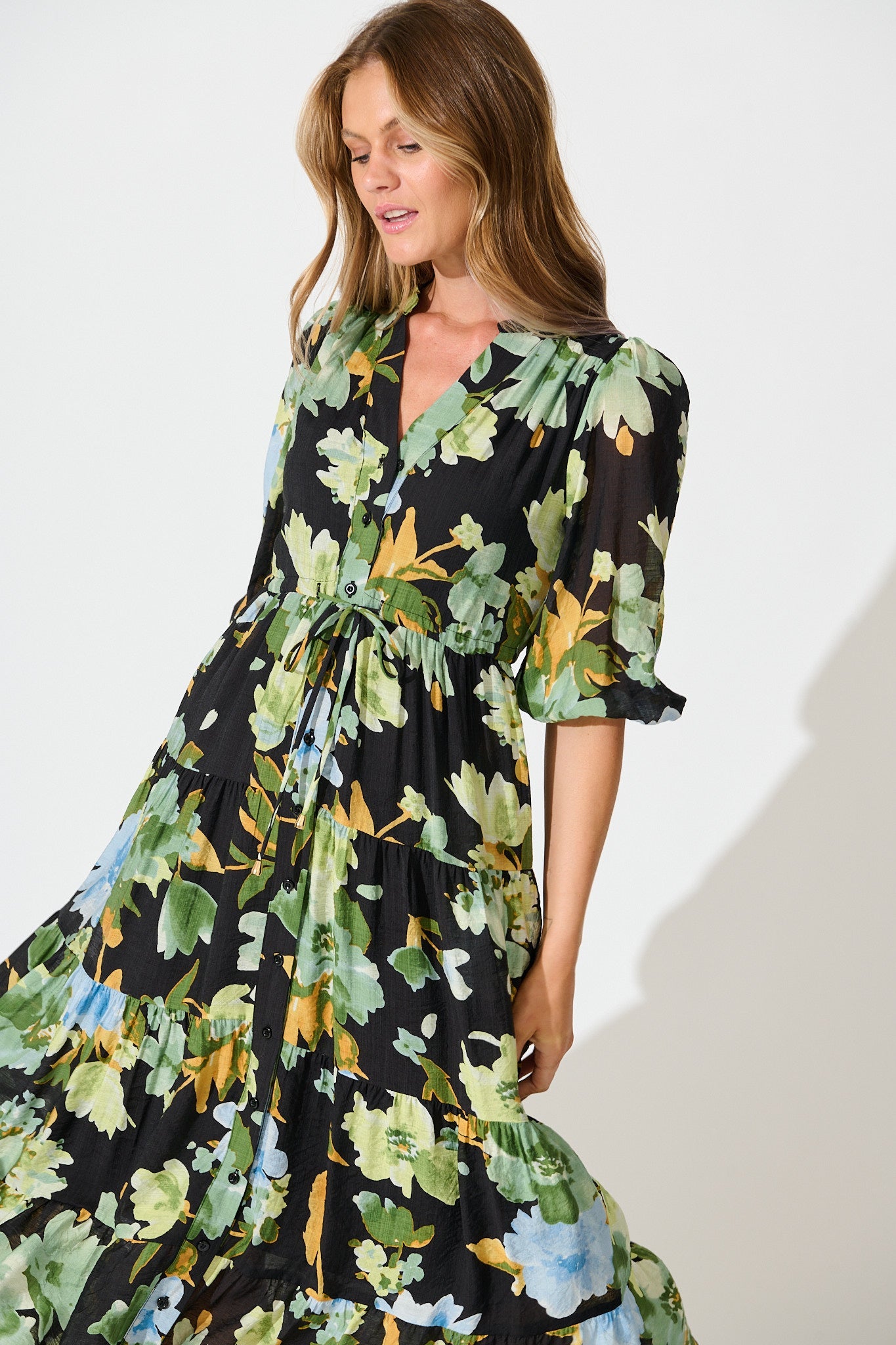 Sheer Bliss Midi Dress in Multi Black Floral
