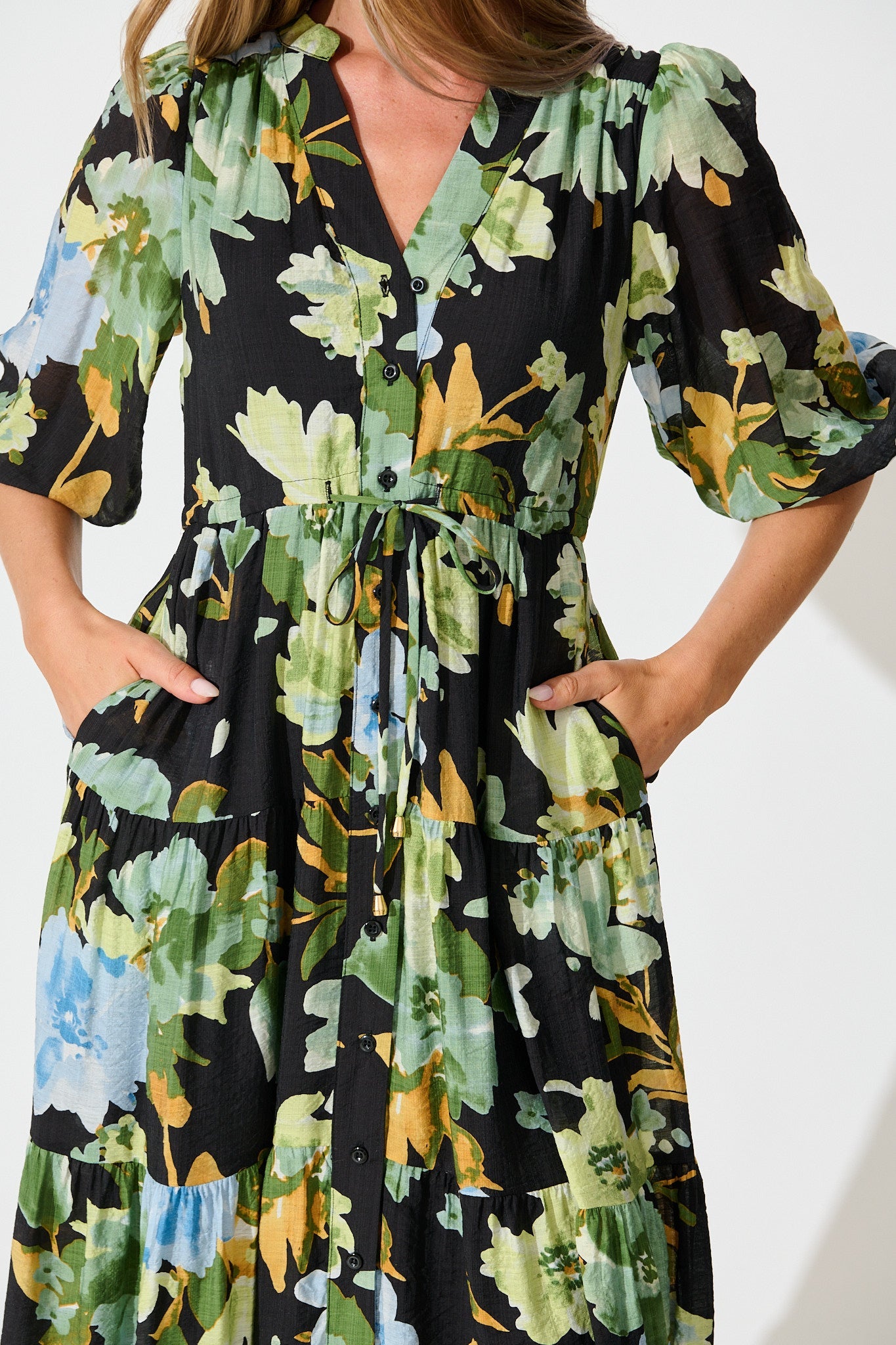 Sheer Bliss Midi Dress in Multi Black Floral